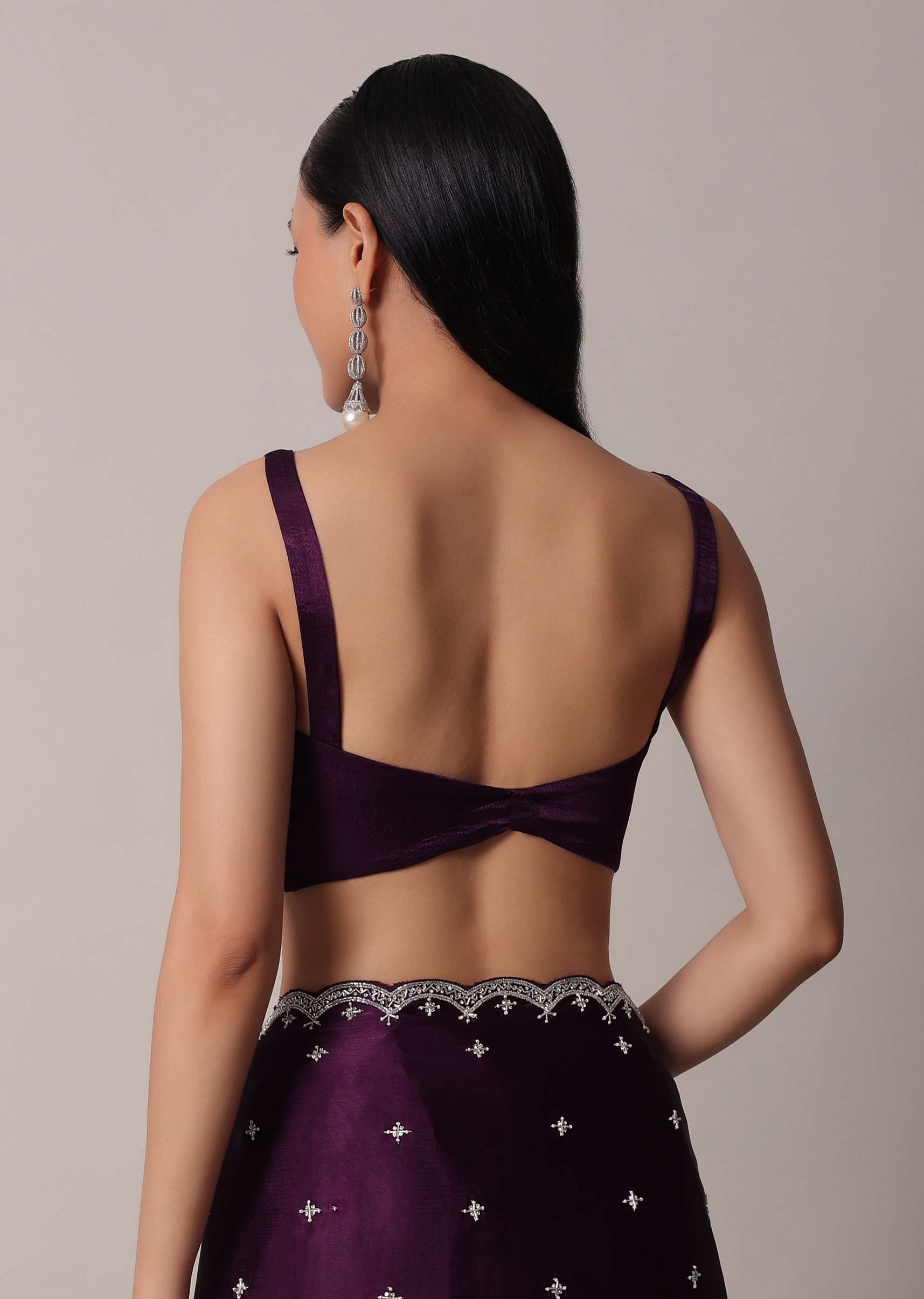 Purple Satin Chinon Saree With Stone Work And Unstitched Blouse Piece - Image 8