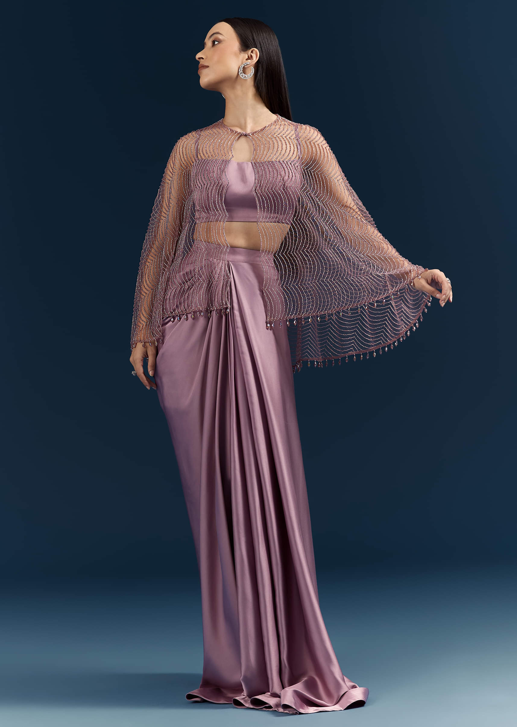 Purple Satin Crop Top And Drape Skirt With Embellishments - Image 4