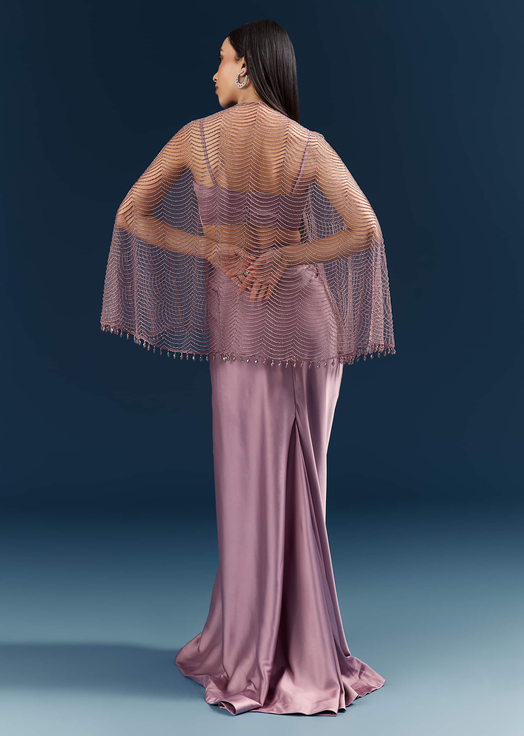 Purple Satin Crop Top And Drape Skirt With Embellishments - Image 6