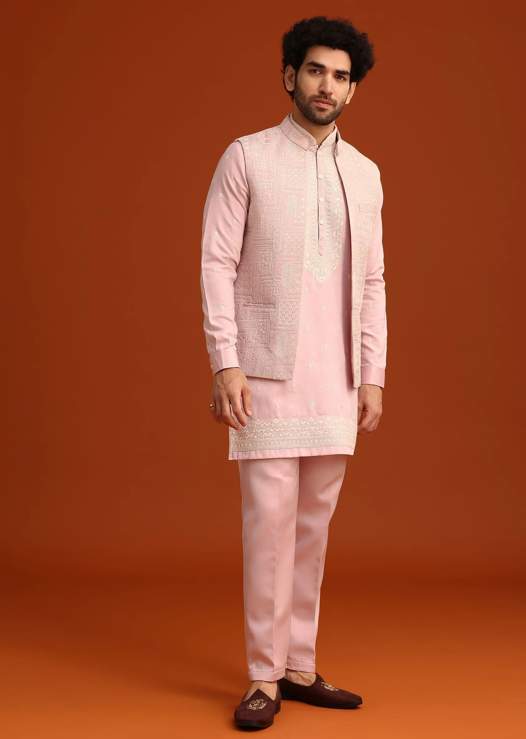 Purple Satin Embroidered Jacket Kurta Set