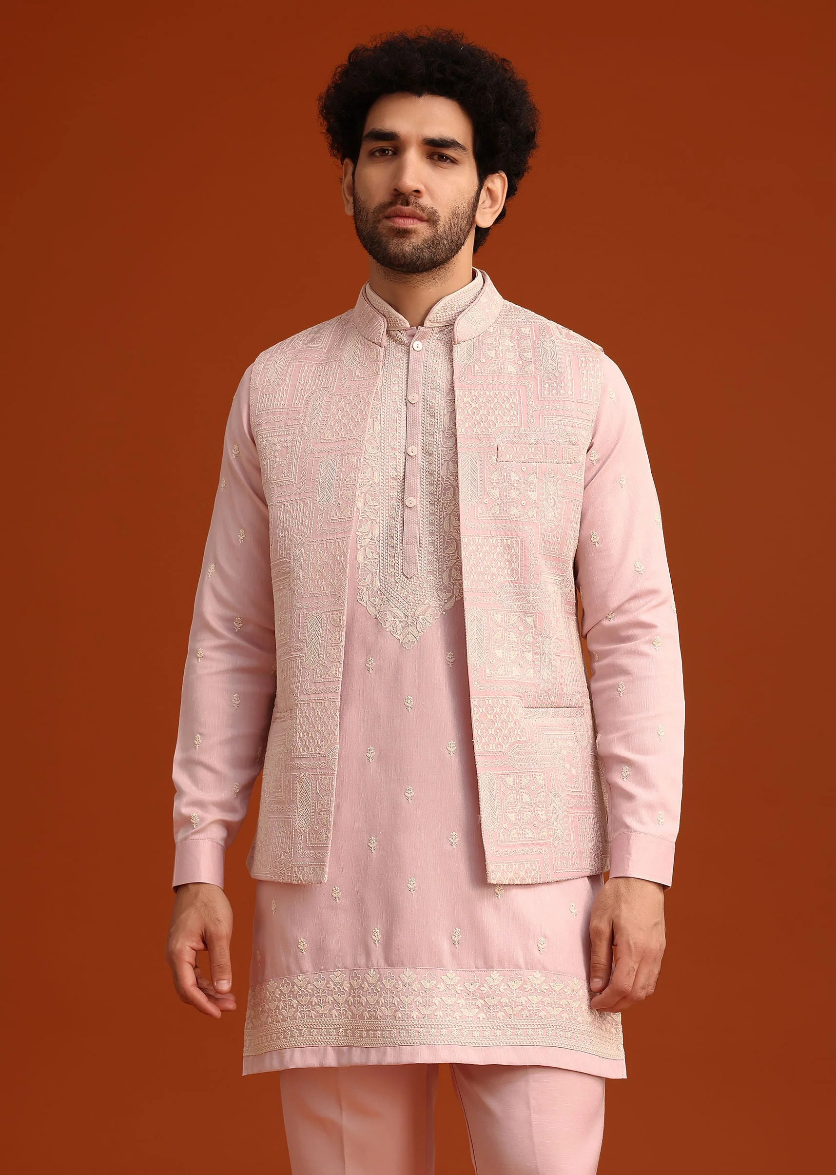 Purple Satin Embroidered Jacket Kurta Set - Image 4