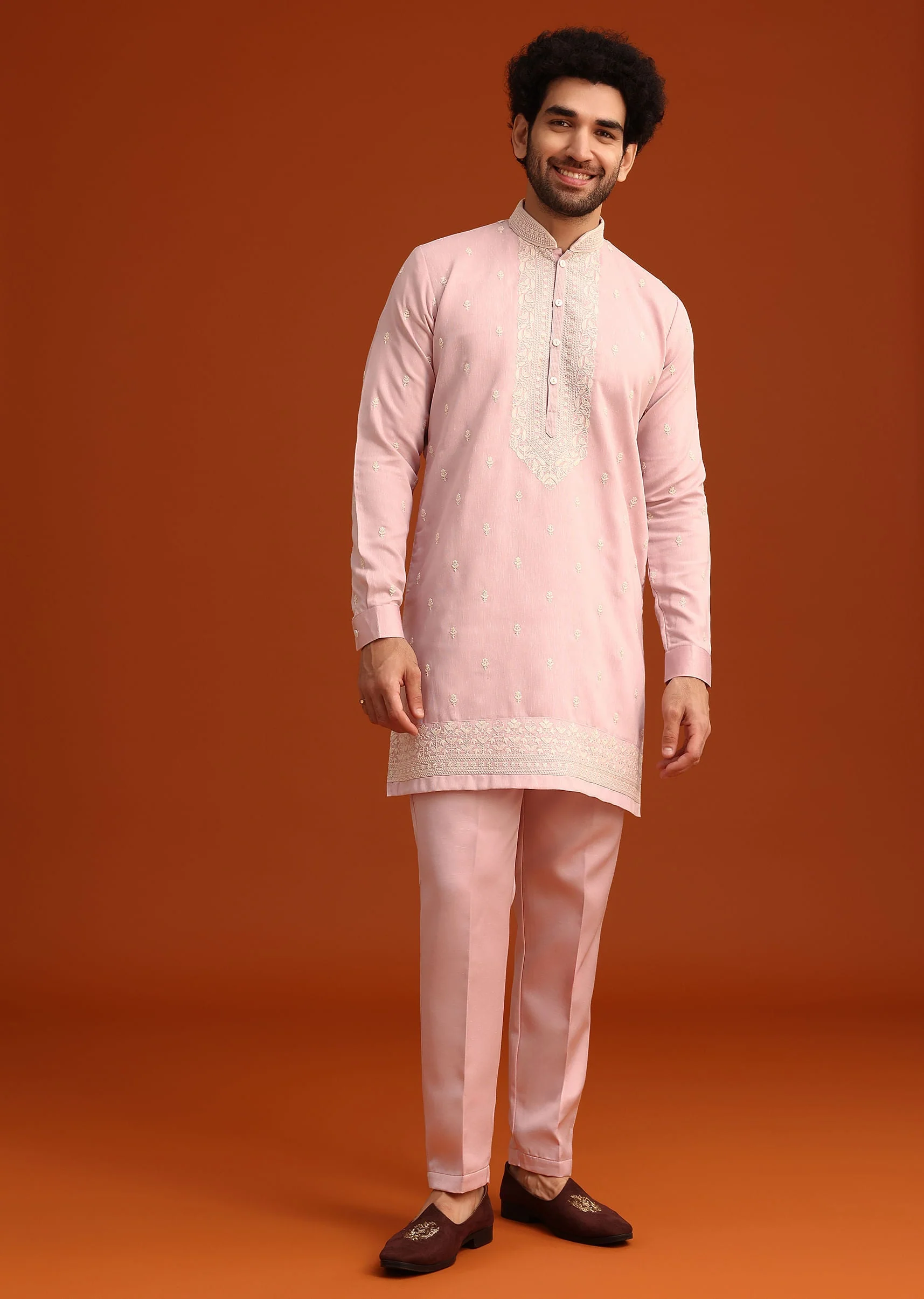 Purple Satin Embroidered Jacket Kurta Set - Image 6