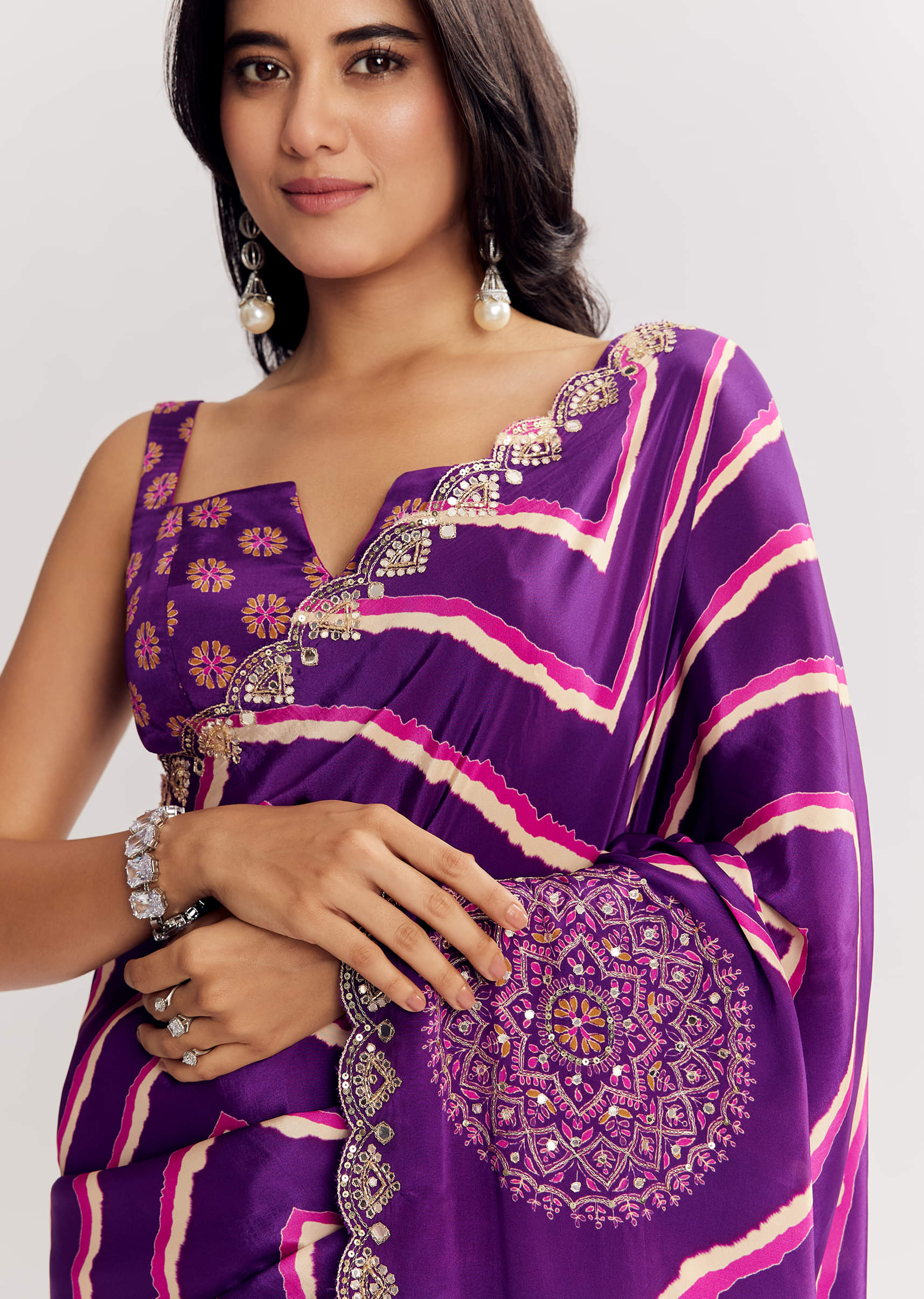 Purple Satin Saree With Gota And Mirror Embroidery - Image 2