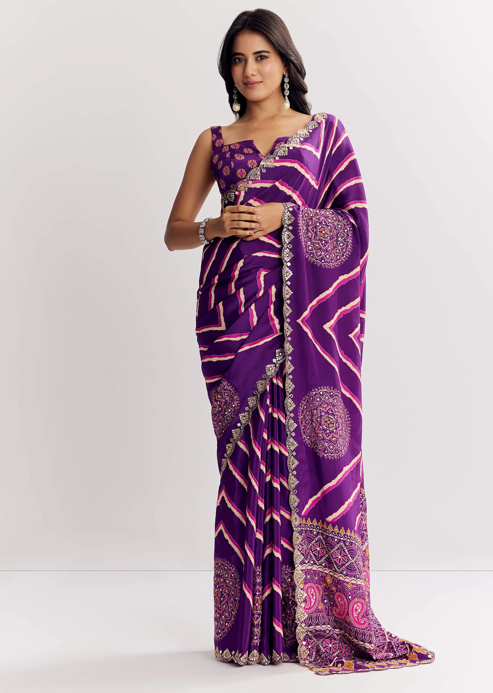 Purple Satin Saree With Gota And Mirror Embroidery - Image 3