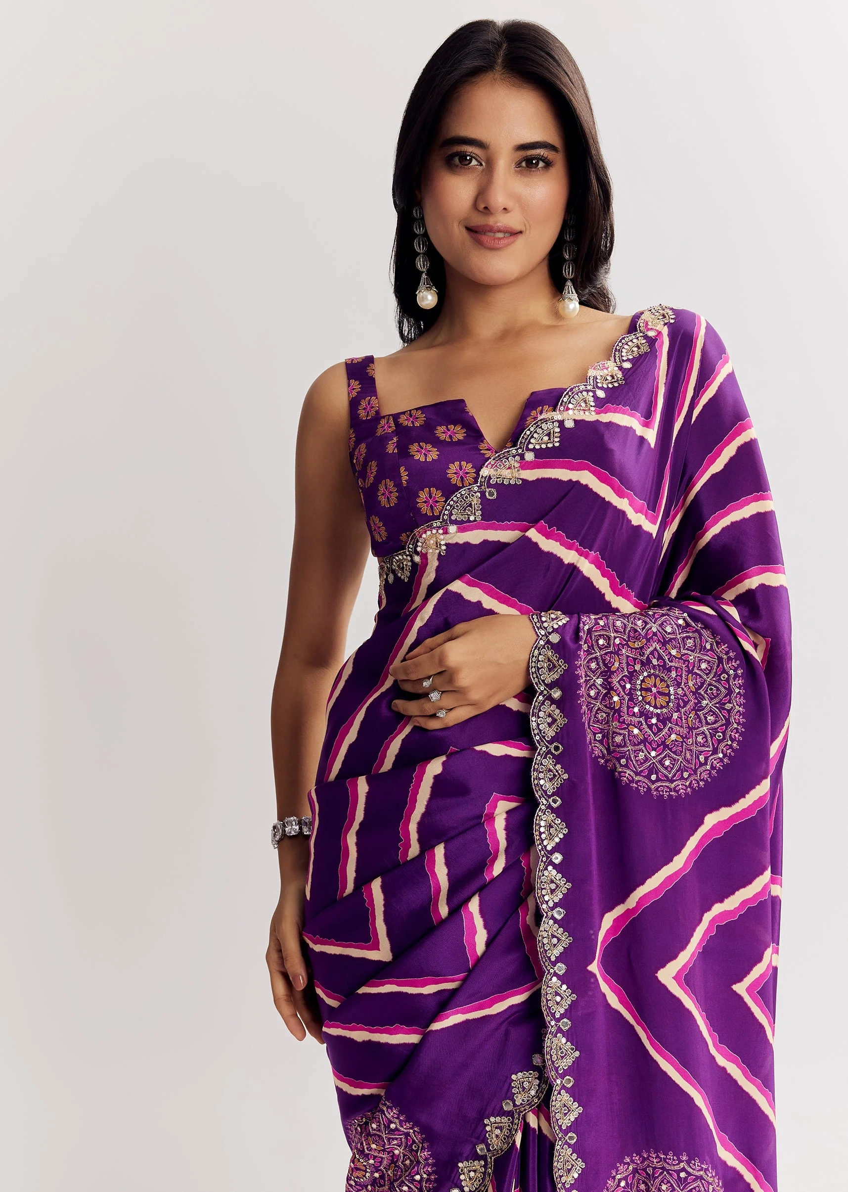 Purple Satin Saree With Gota And Mirror Embroidery - Image 4