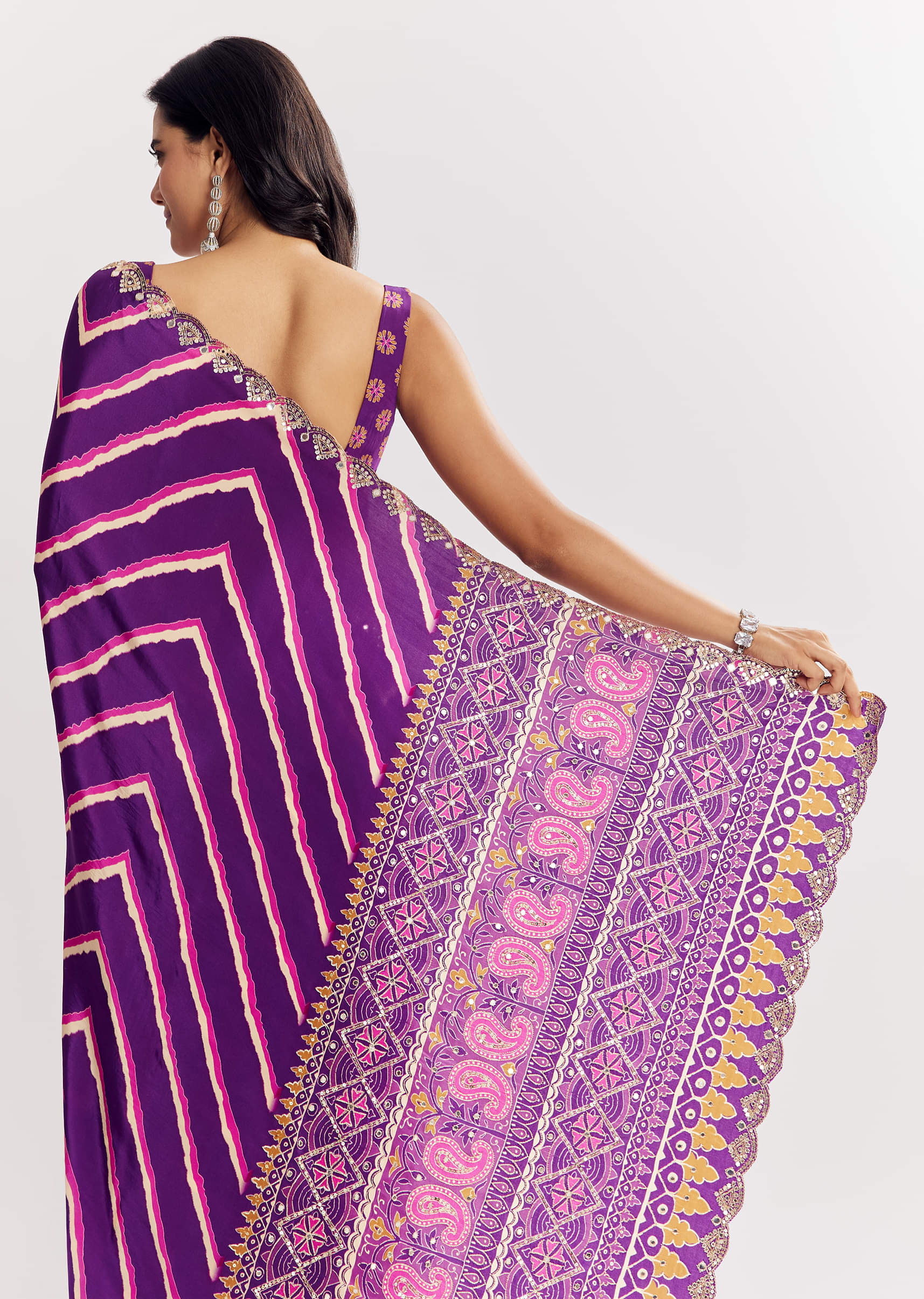 Purple Satin Saree With Gota And Mirror Embroidery - Image 6