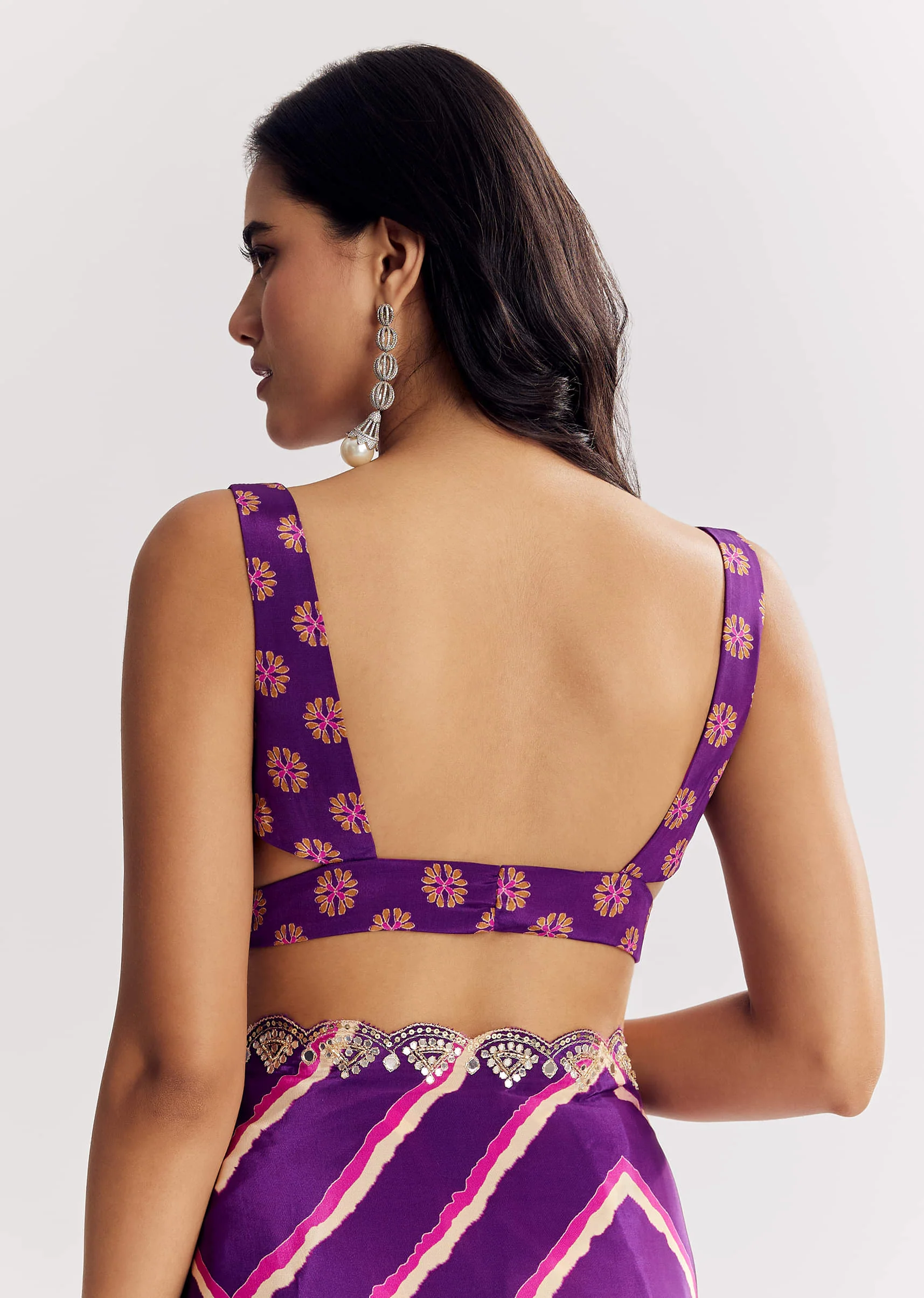 Purple Satin Saree With Gota And Mirror Embroidery - Image 8