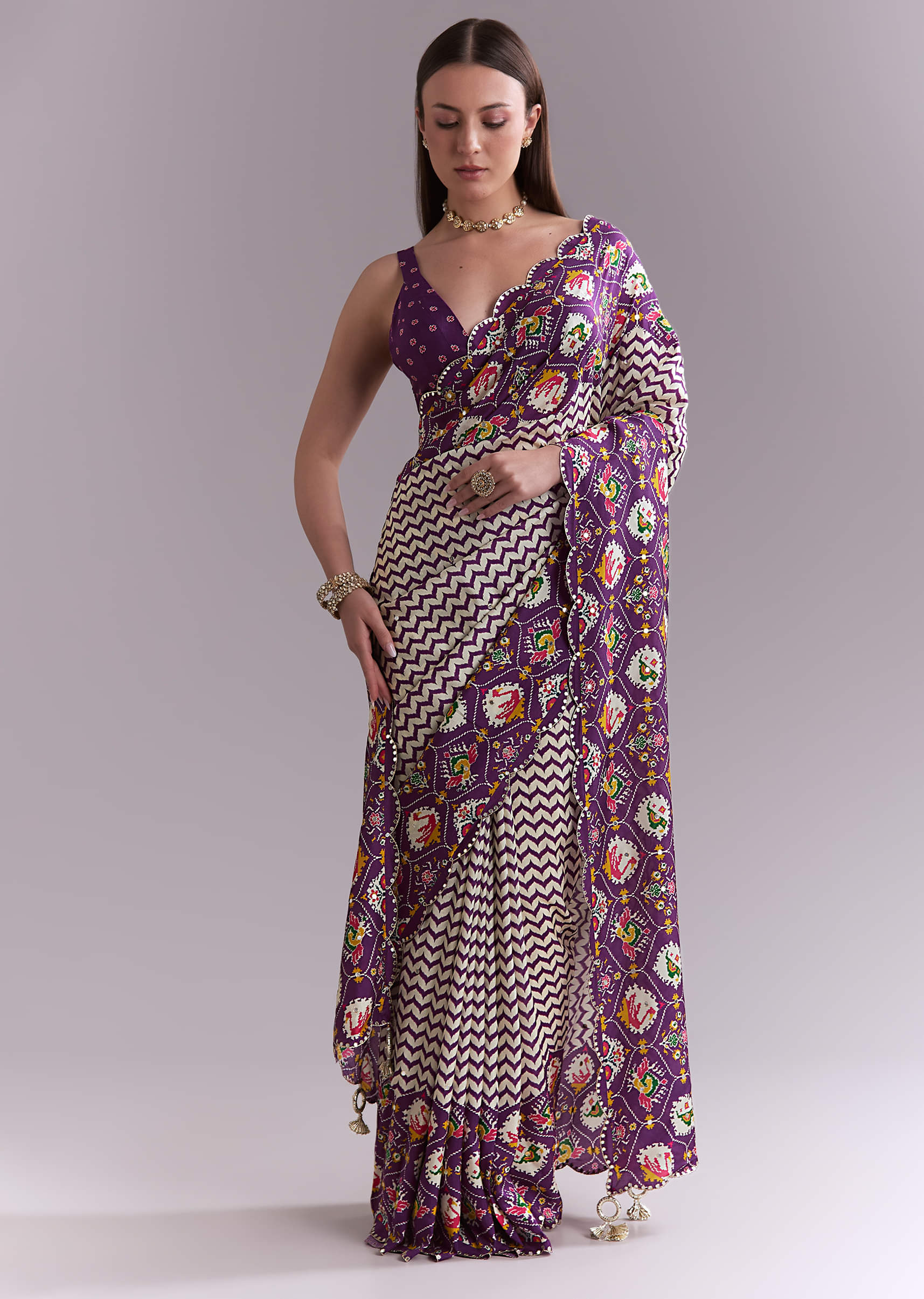 Purple Satin Saree With Ikat Print And Nature Motifs