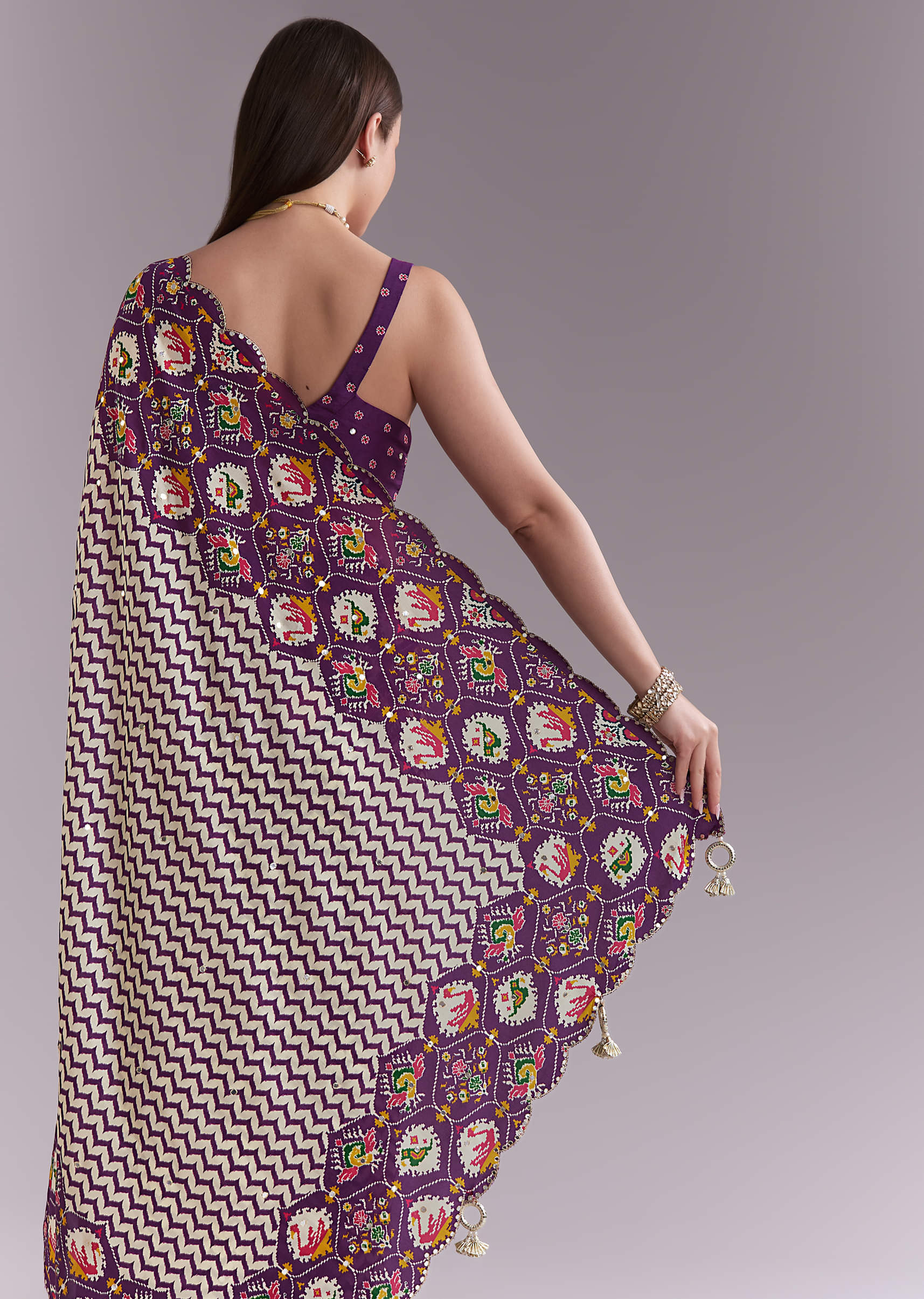 Purple Satin Saree With Ikat Print And Nature Motifs - Image 6