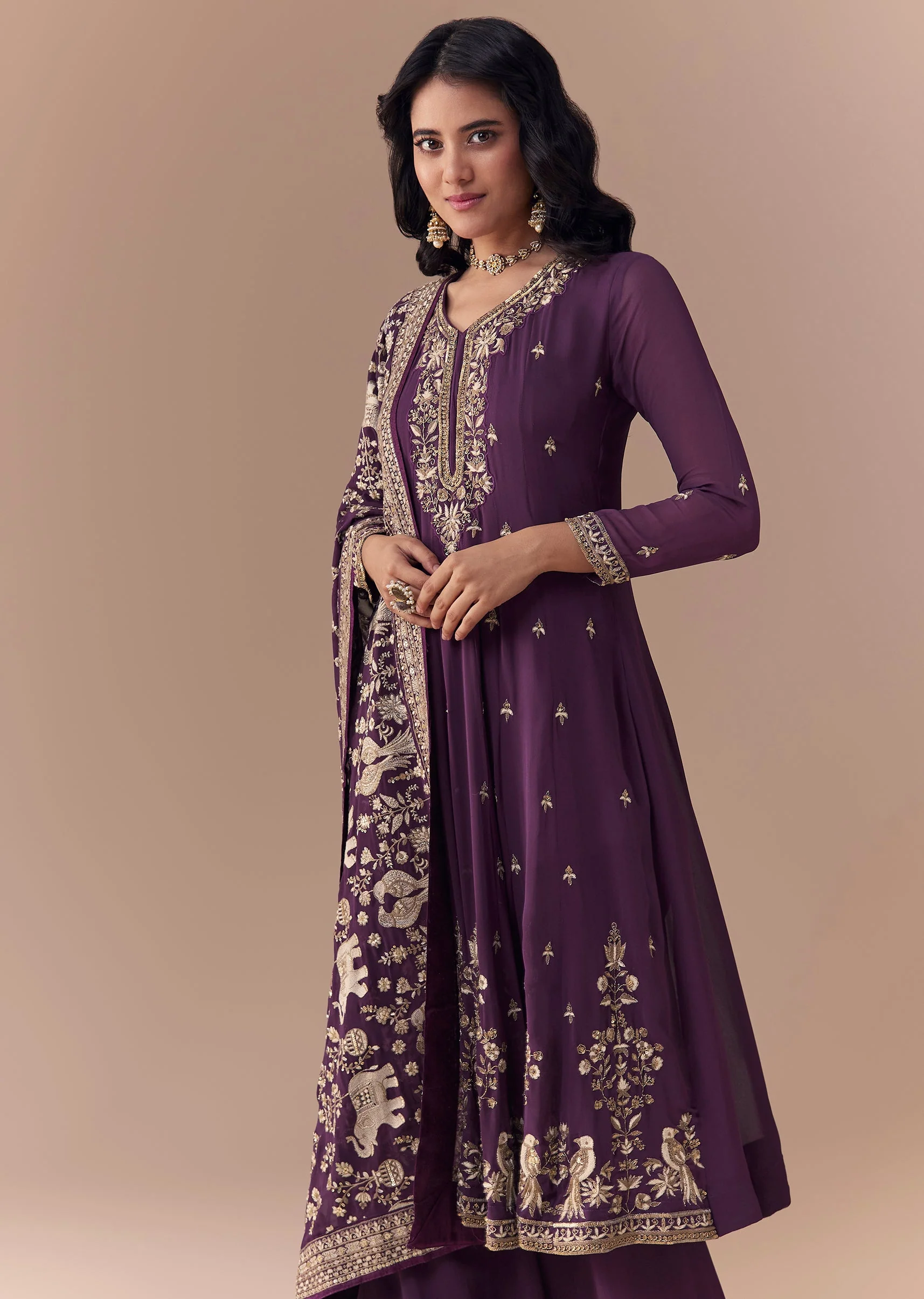 Purple Sequin Embellished Georgette Anarkali Set - Image 4