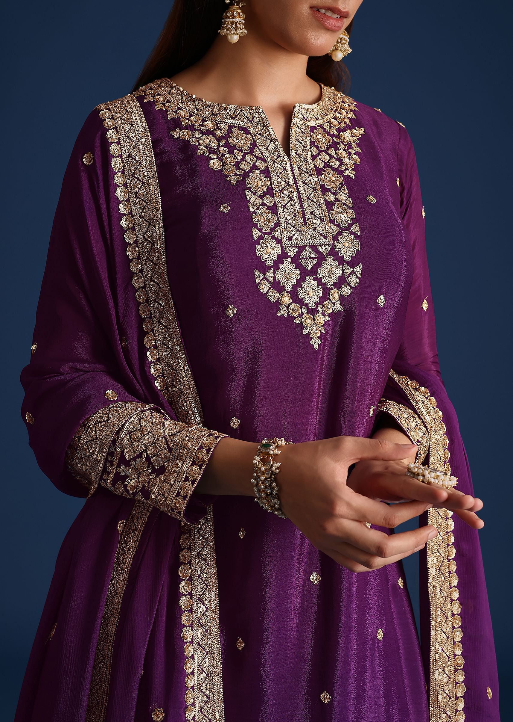 Purple Sequin Embellished Kurta And Palazzo Set - Image 2