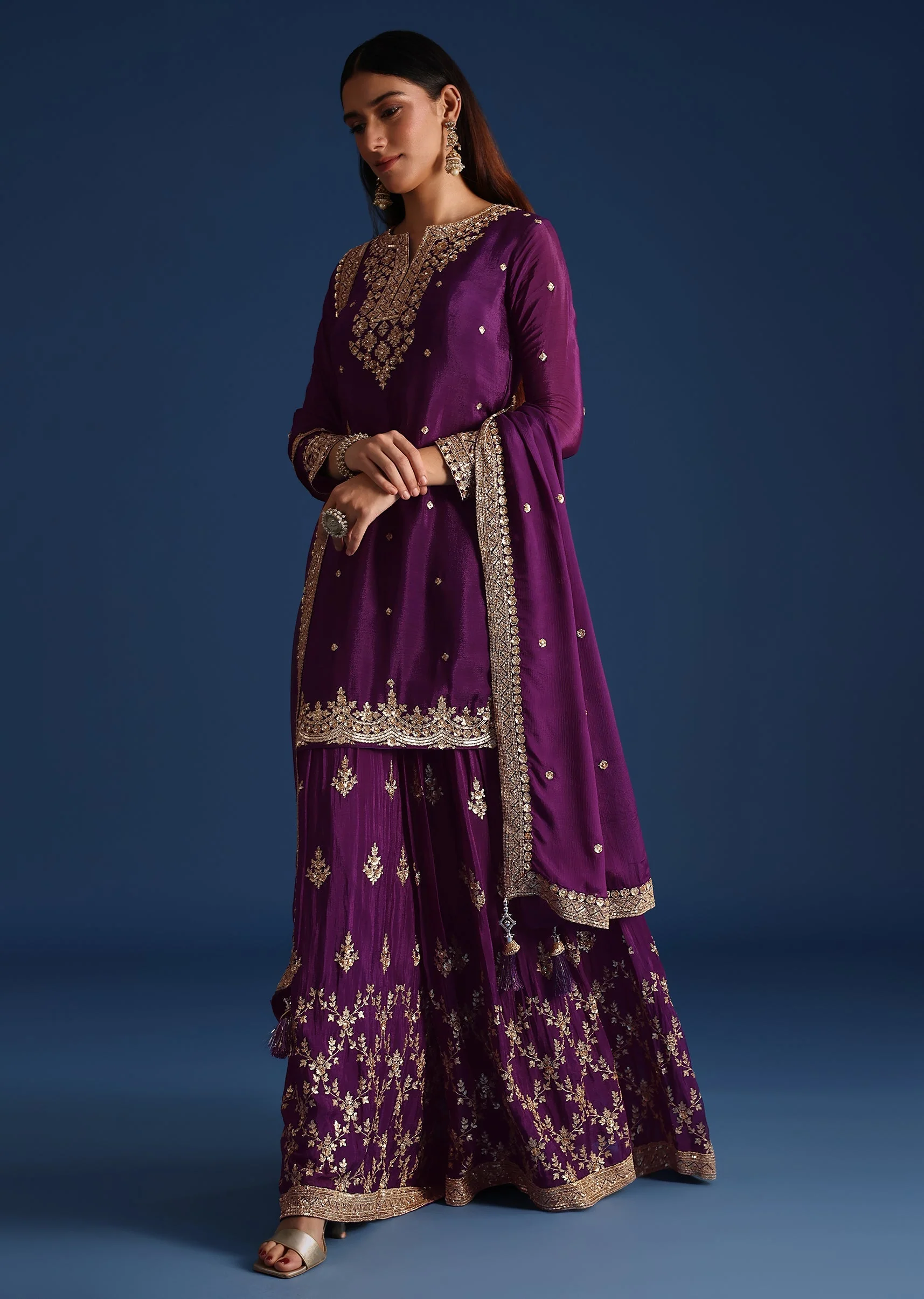 Purple Sequin Embellished Kurta And Palazzo Set - Image 3
