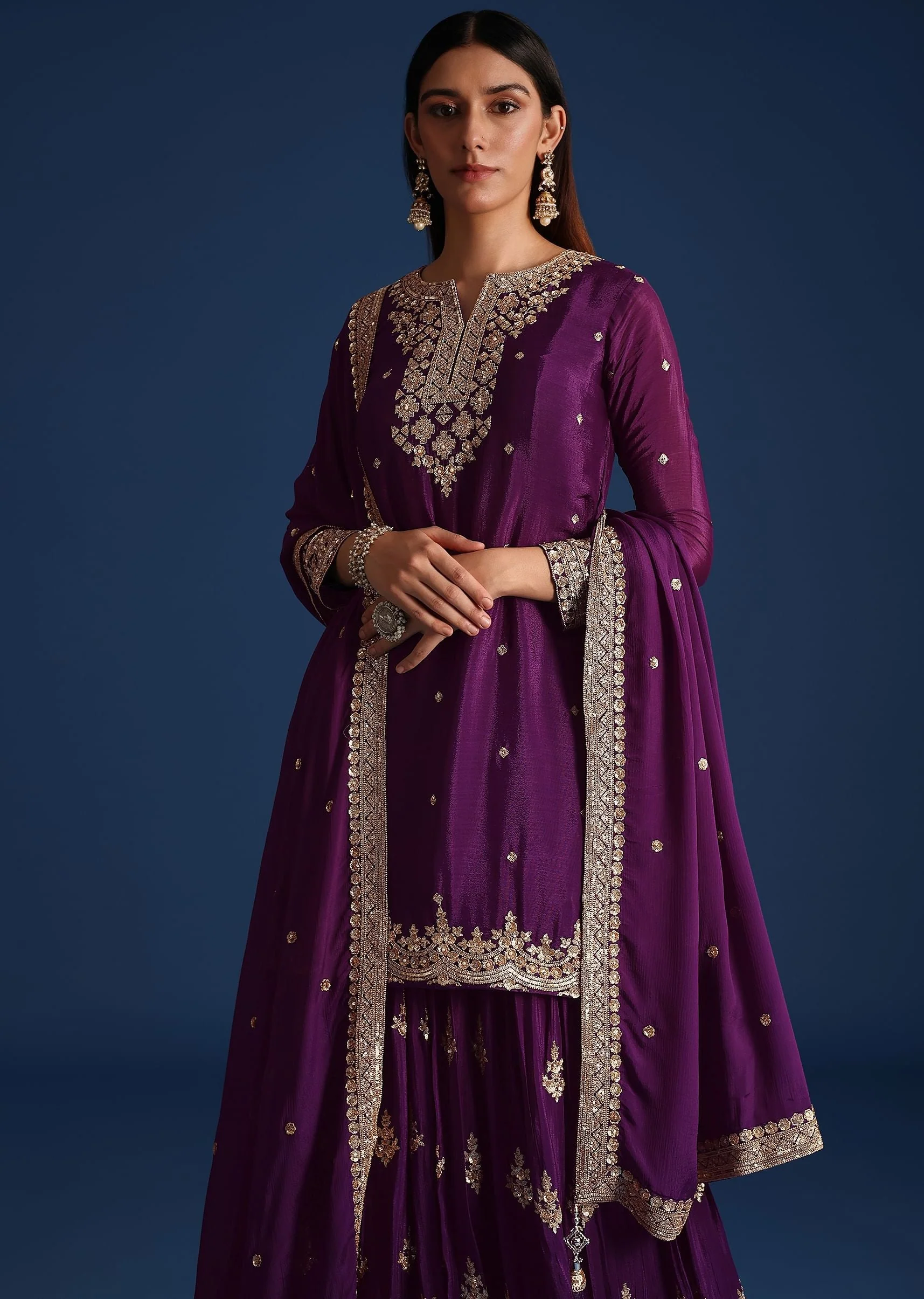 Purple Sequin Embellished Kurta And Palazzo Set - Image 4