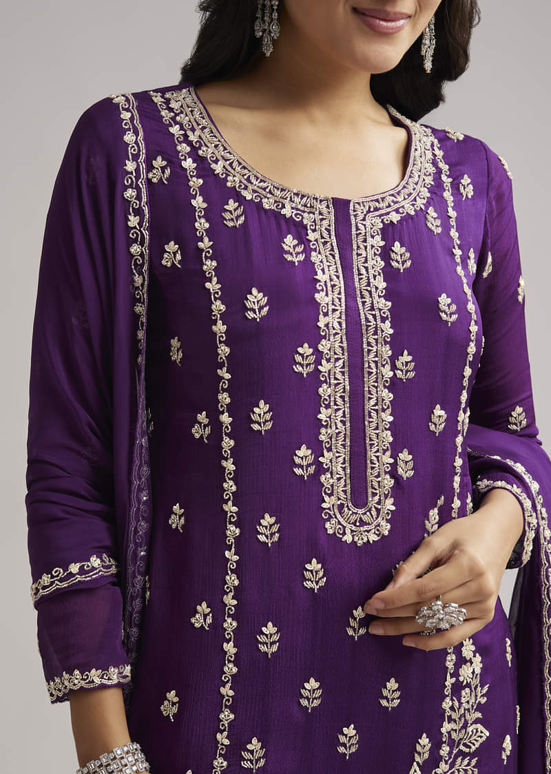 Purple Sequin Embroidered Palazzo Set With Dupatta - Image 2
