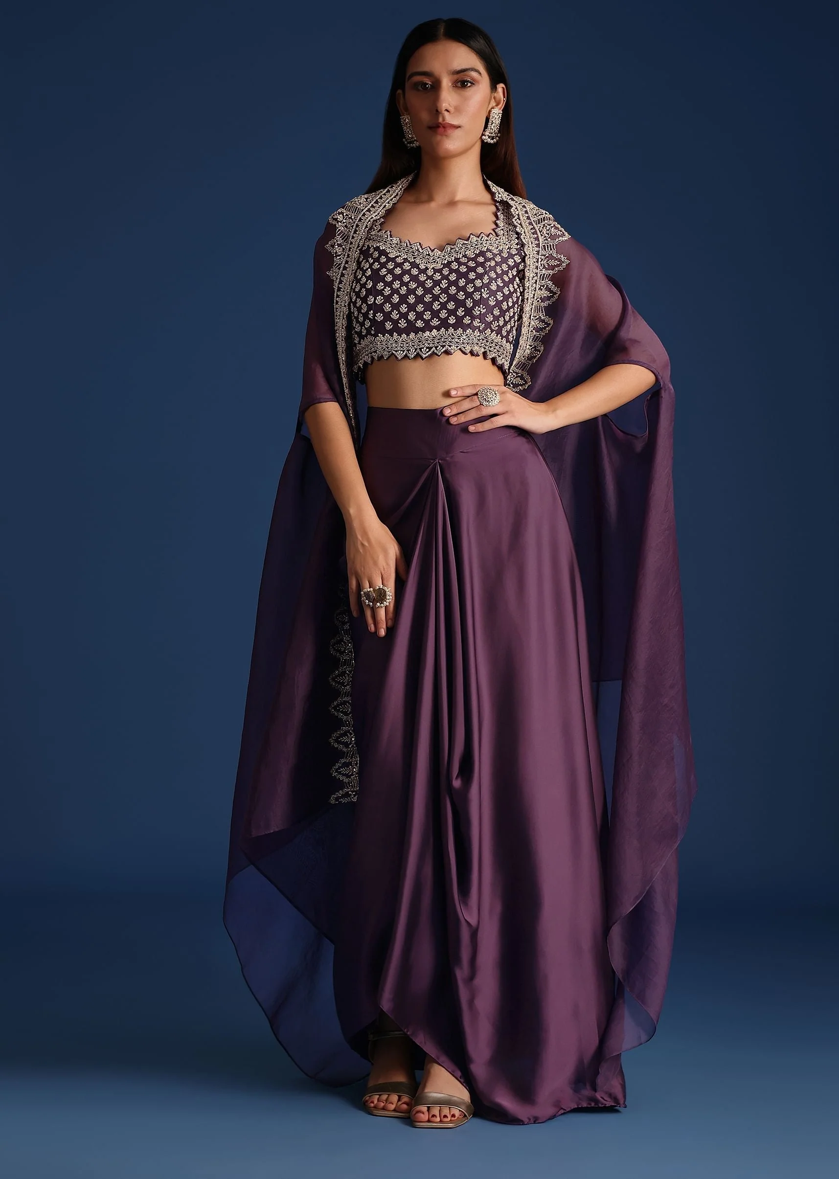 Purple Sequin Work Crop Top With Jacket And Draped Skirt - Image 3