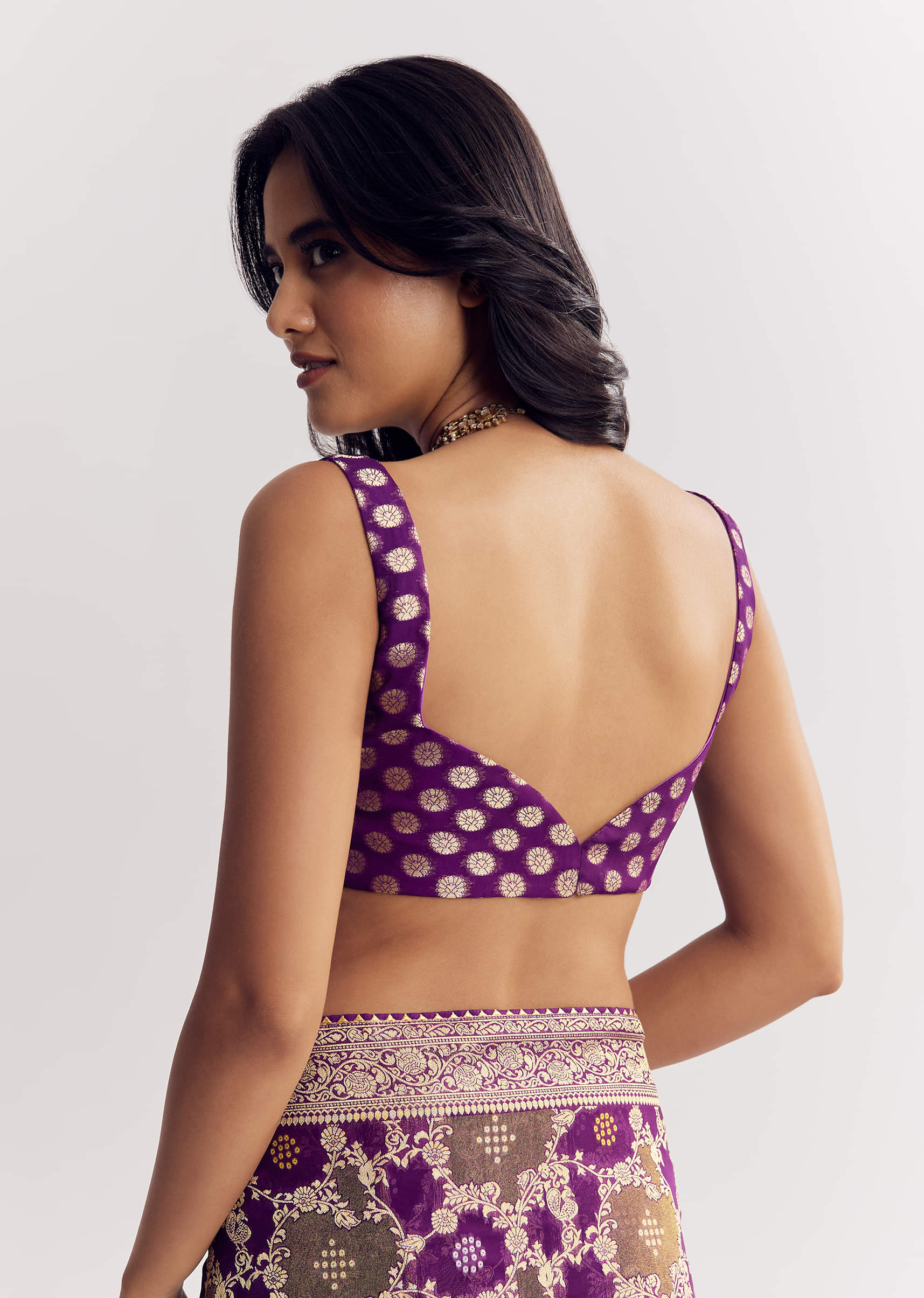 Purple Shaded Georgette Ready To Wear Saree With Zari Jaal Work - Image 8