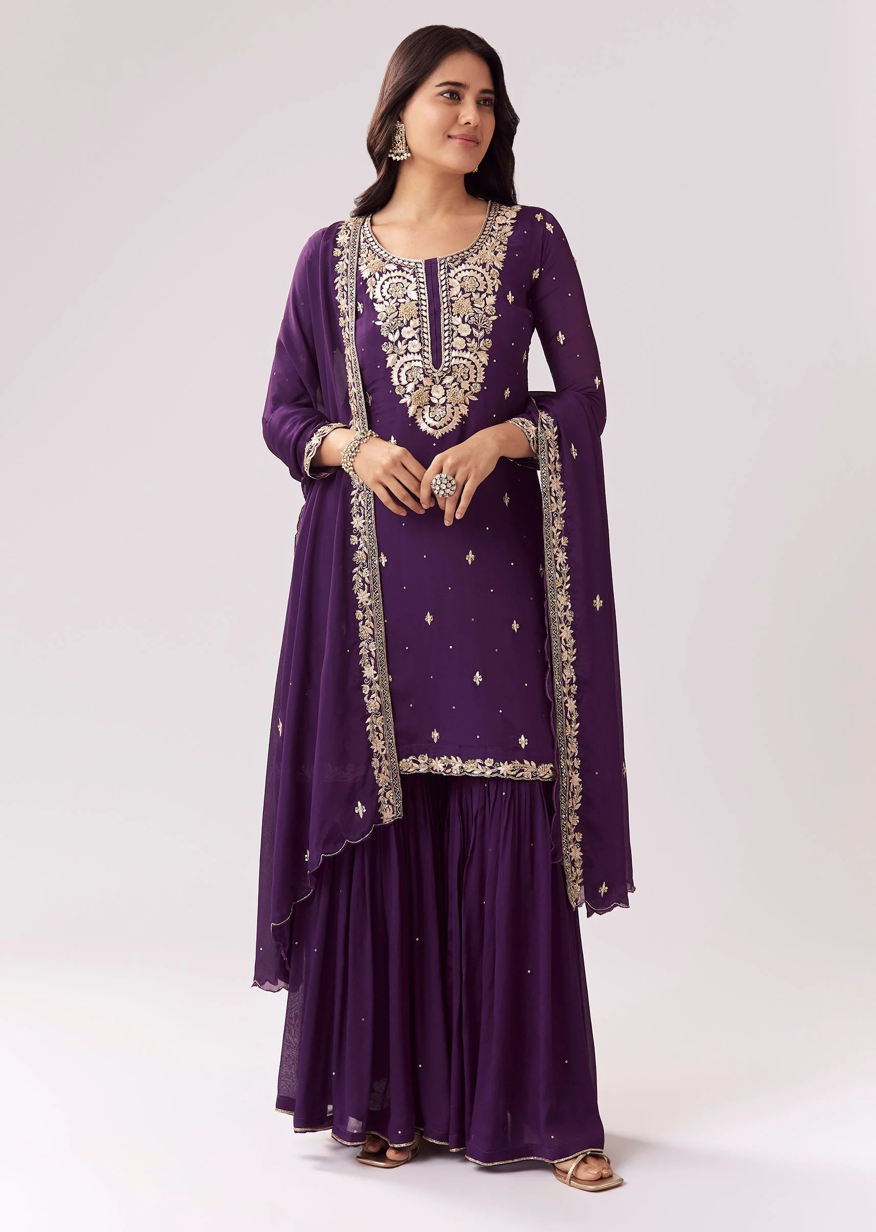 Purple Sharara Set With Zari Sequin Work - Image 3