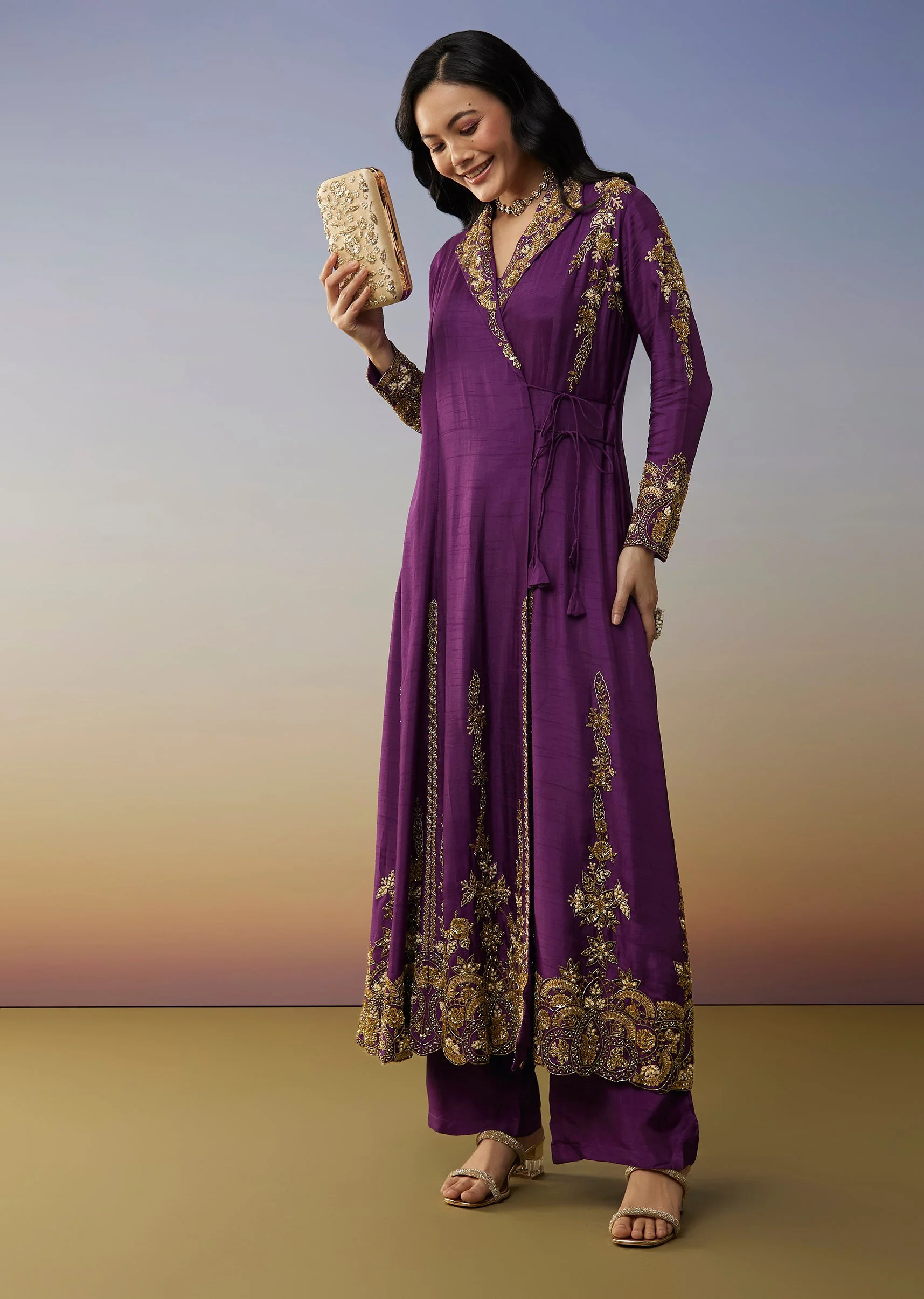 Purple Silk Anarkali Suit with Cut Dana Sequins Work - Image 3