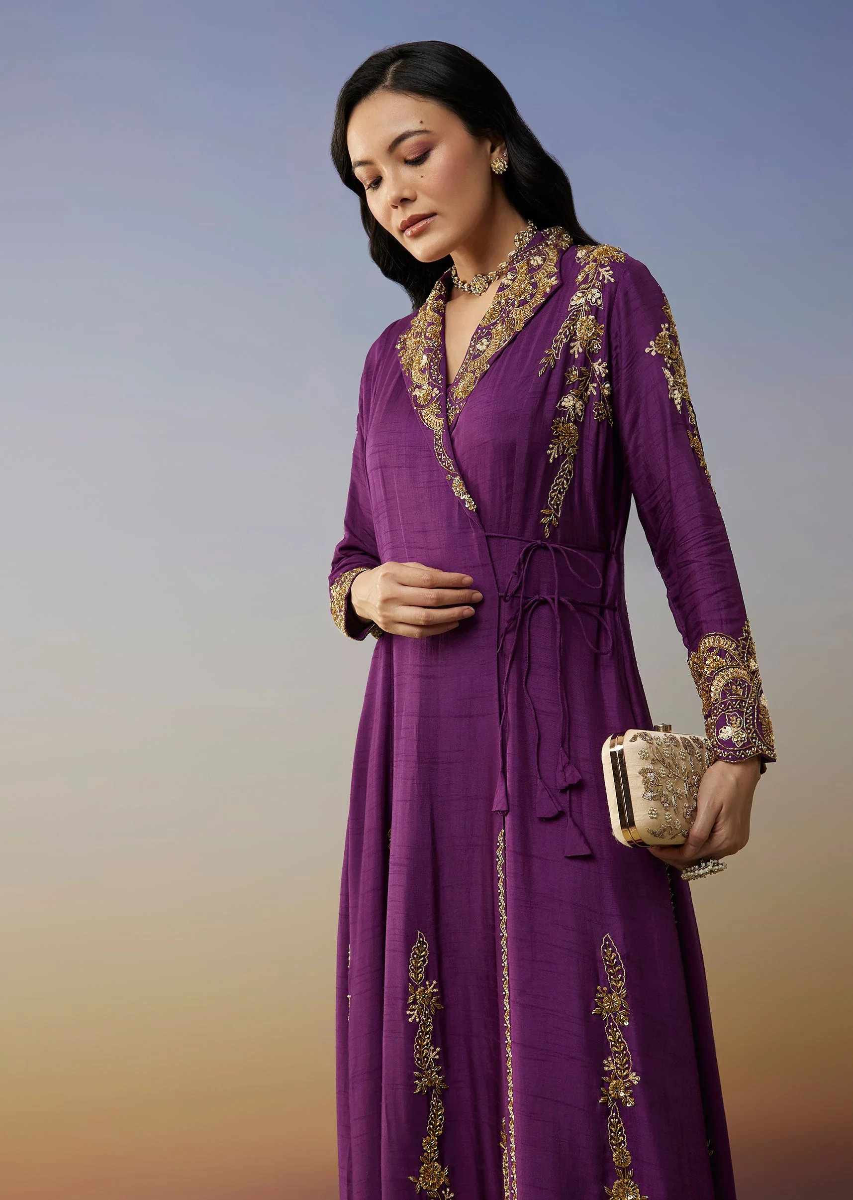 Purple Silk Anarkali Suit with Cut Dana Sequins Work - Image 4