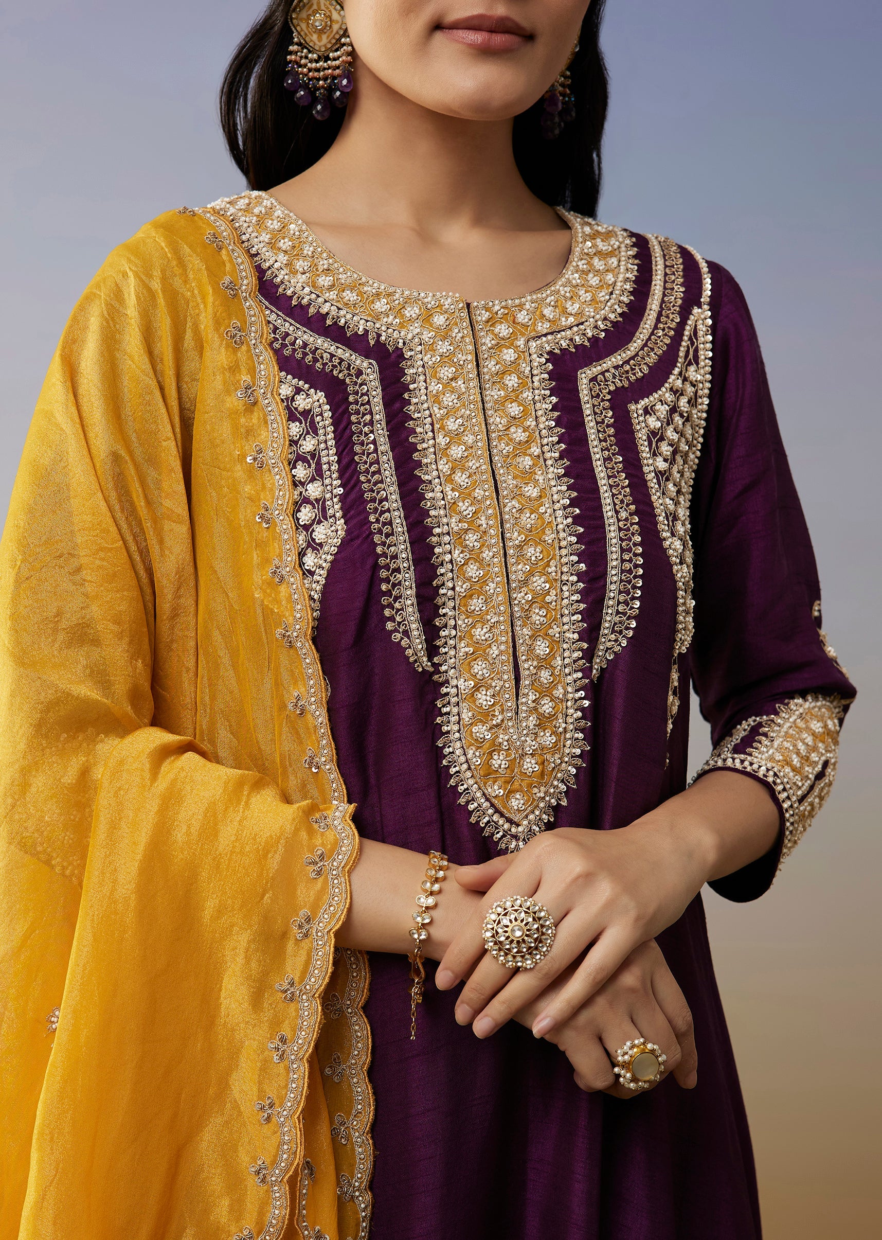 Purple Silk Anarkali Suits with Moti and Sequins Work - Image 2