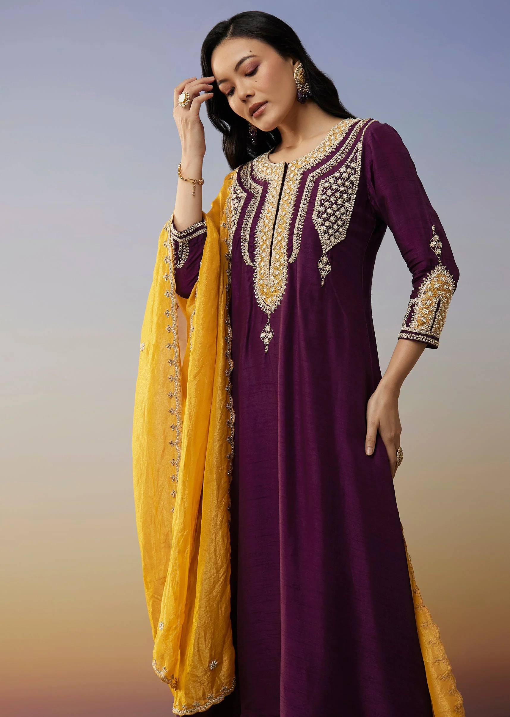 Purple Silk Anarkali Suits with Moti and Sequins Work - Image 4