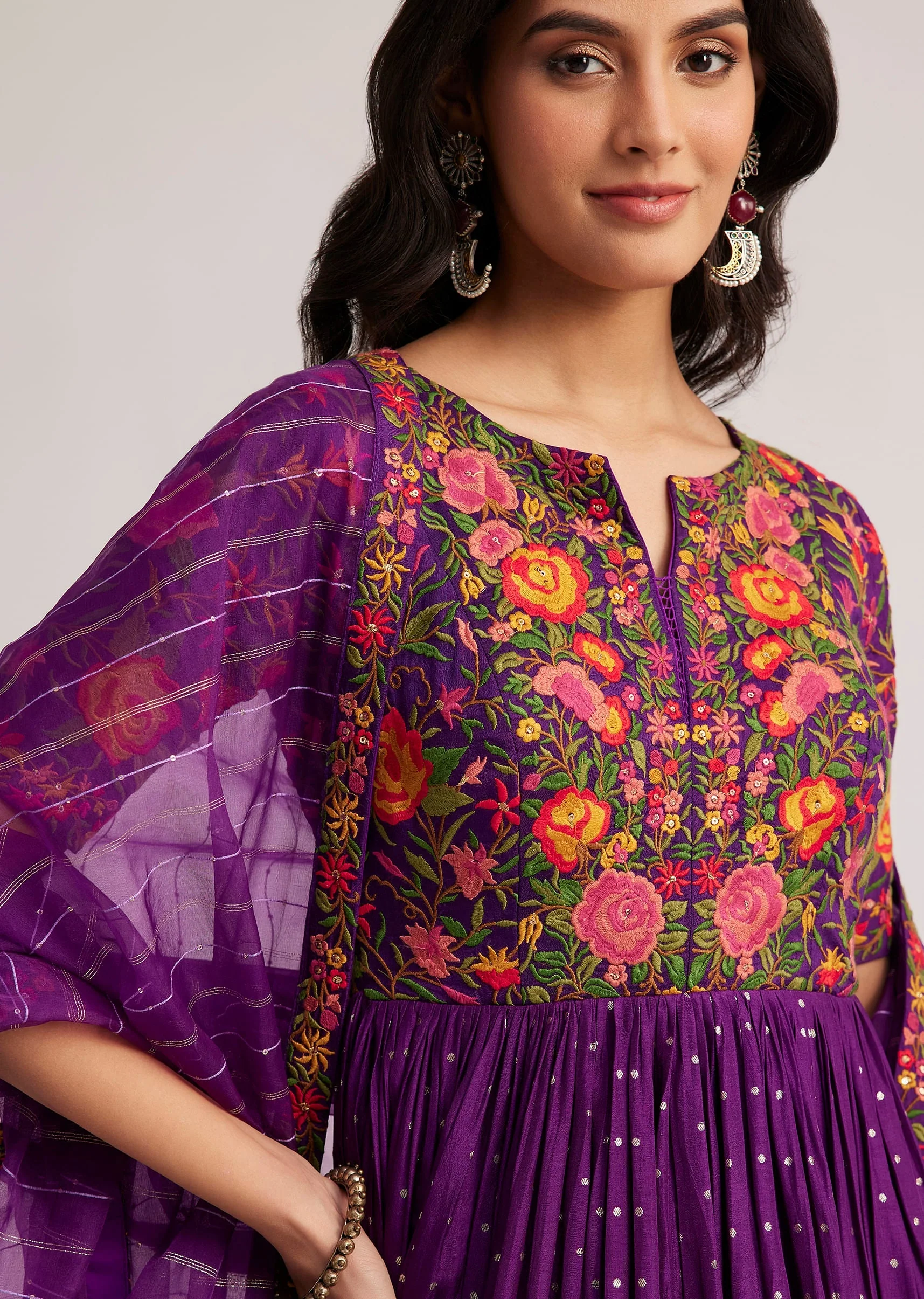 Purple Silk Bandhani Anarkali With Organza Dupatta - Image 2