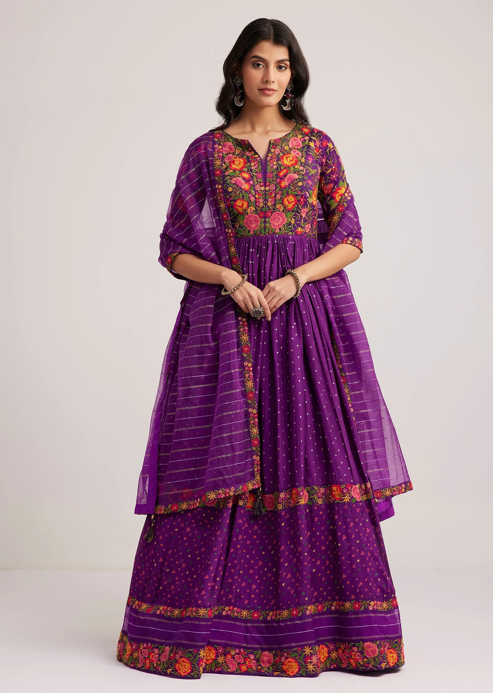 Purple Silk Bandhani Anarkali With Organza Dupatta - Image 3