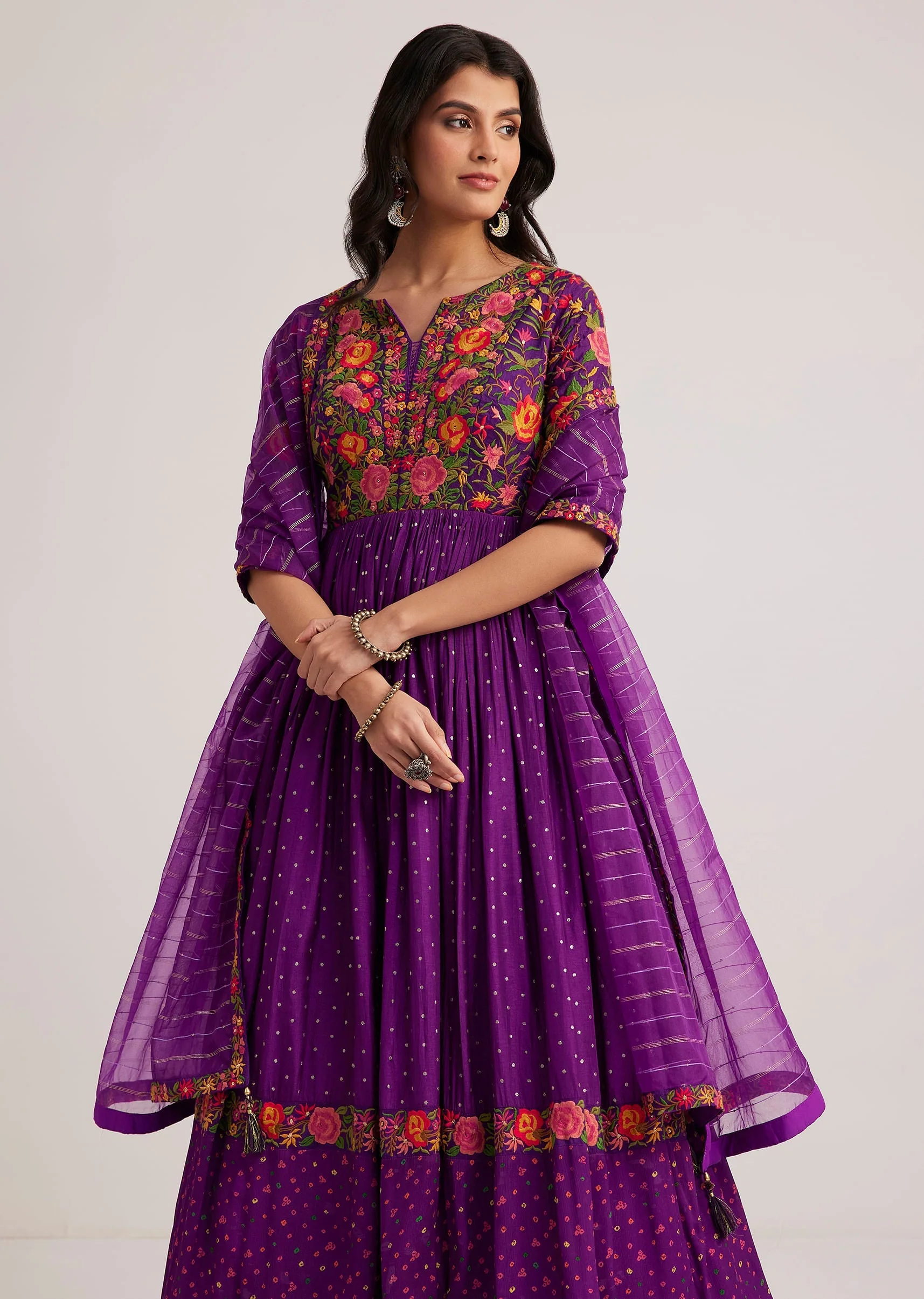 Purple Silk Bandhani Anarkali With Organza Dupatta - Image 4