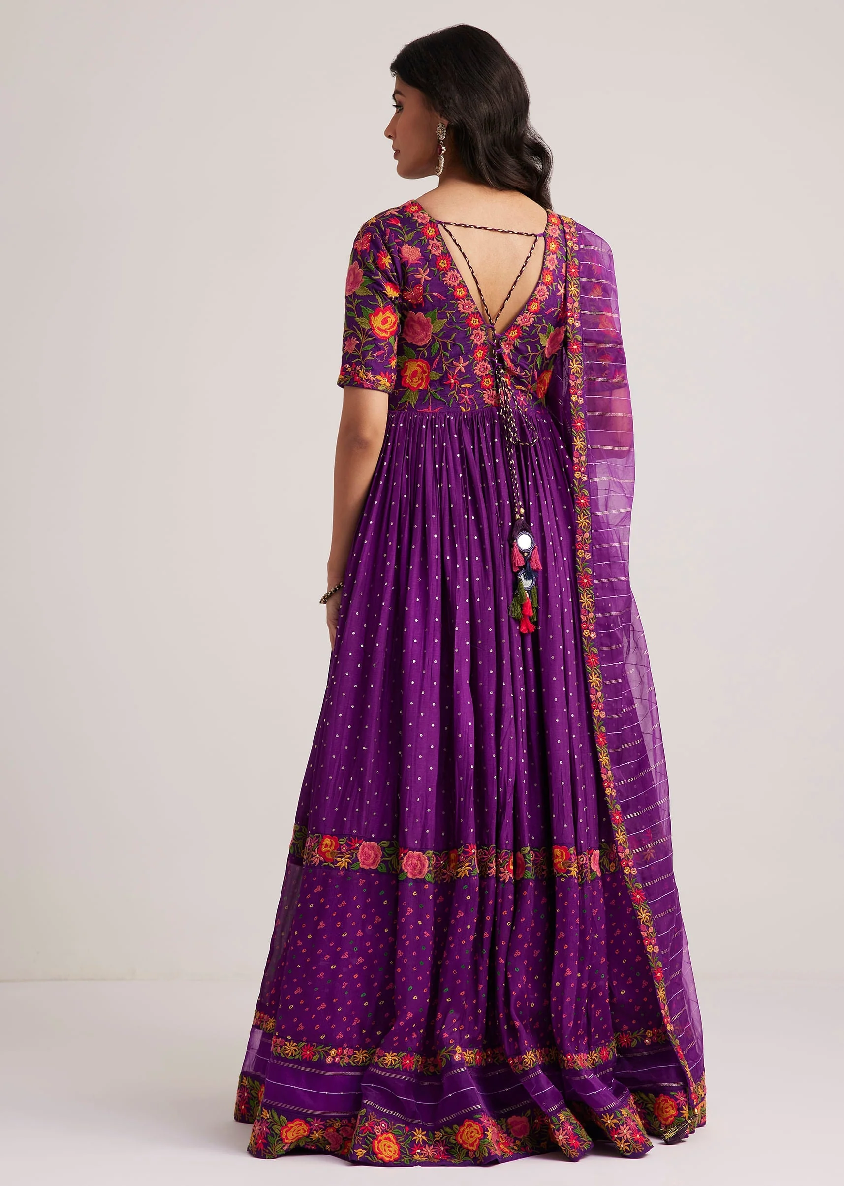 Purple Silk Bandhani Anarkali With Organza Dupatta - Image 5