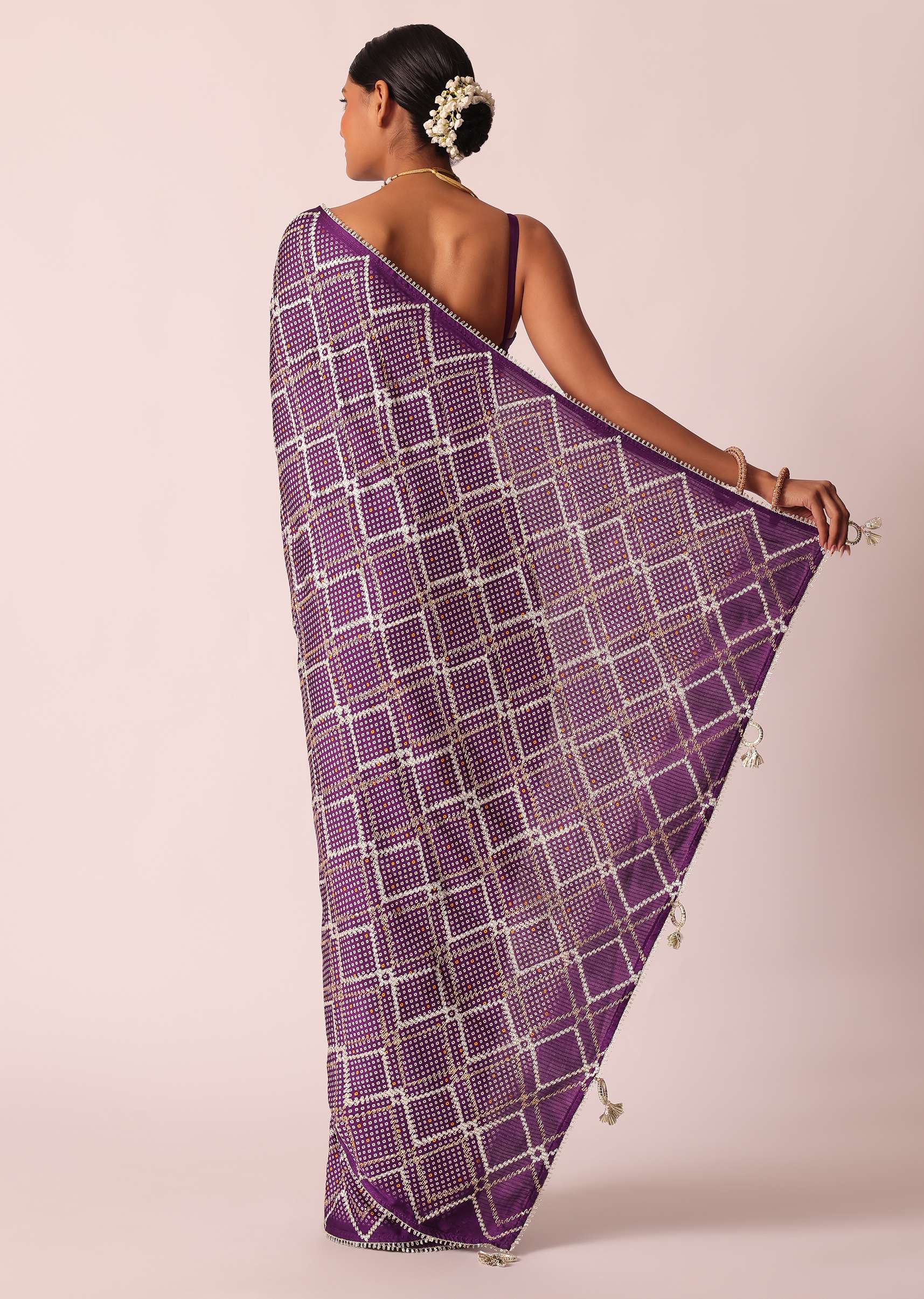 Purple Silk Bandhani Print Saree With Gota Embroidery And Unstitched Blouse Piece - Image 4
