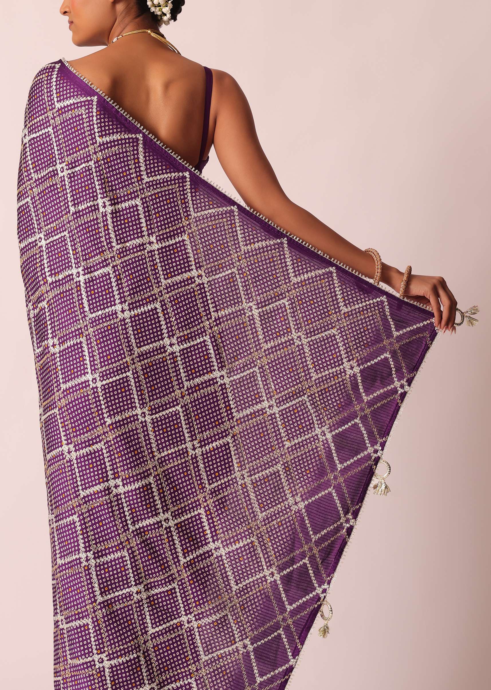 Purple Silk Bandhani Print Saree With Gota Embroidery And Unstitched Blouse Piece - Image 6