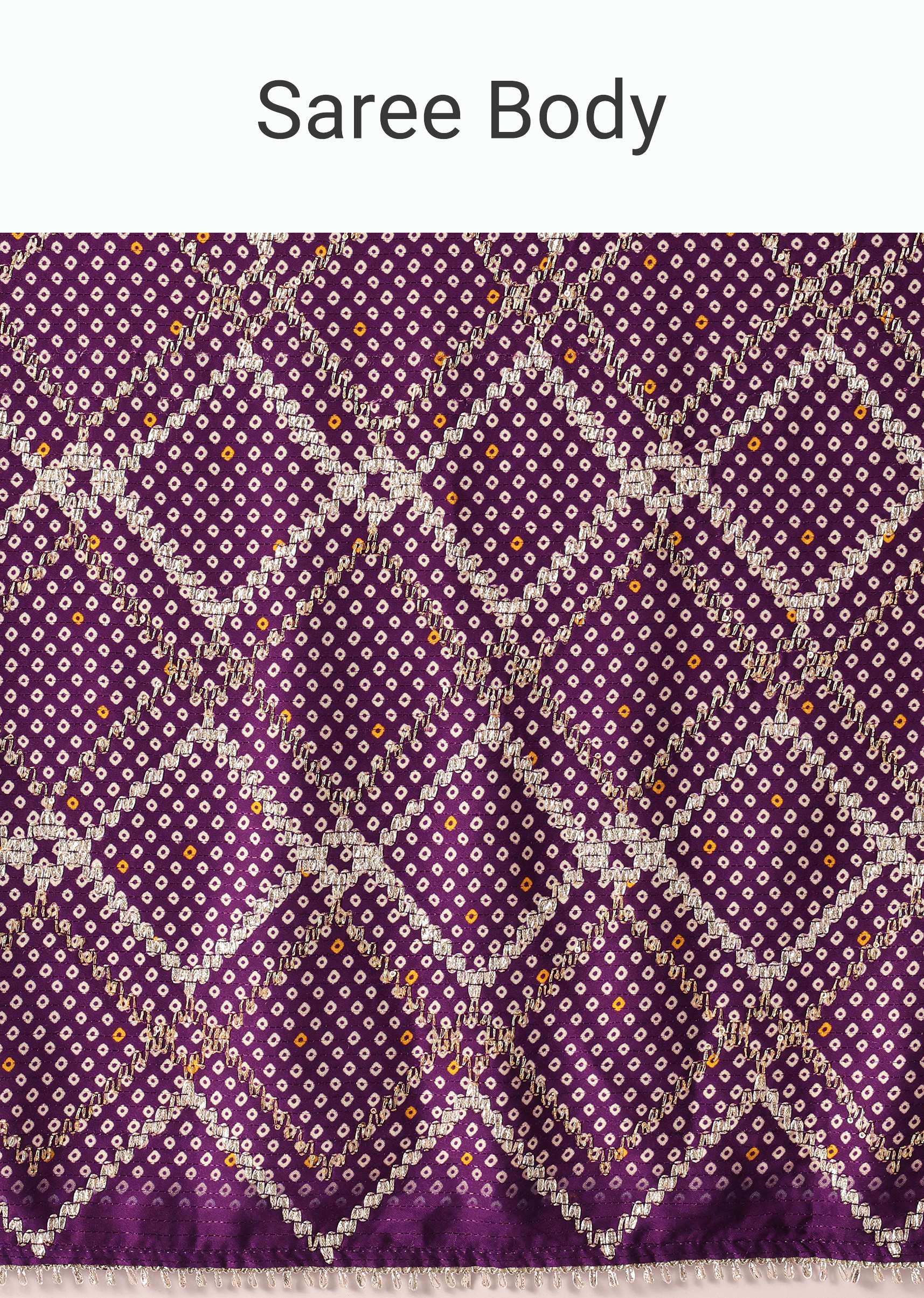Purple Silk Bandhani Print Saree With Gota Embroidery And Unstitched Blouse Piece - Image 9