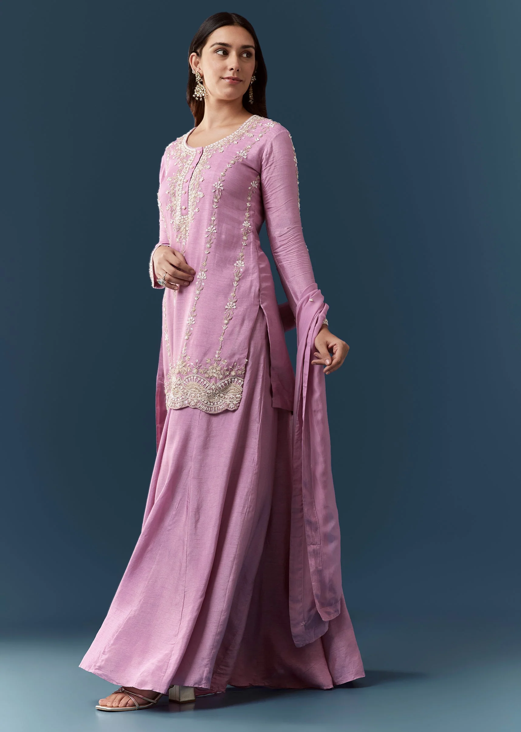 Purple Silk Embroidered Kurta and Skirt Set - Image 3