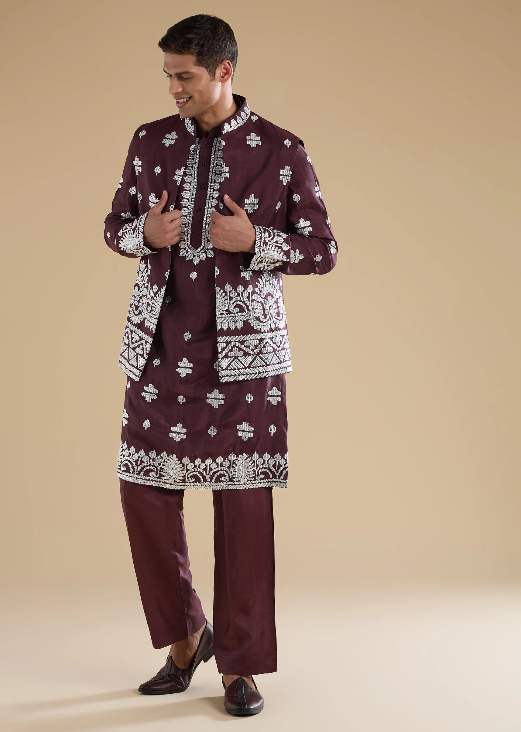 Purple Silk Embroidered Kurta Jacket Set - Image 3