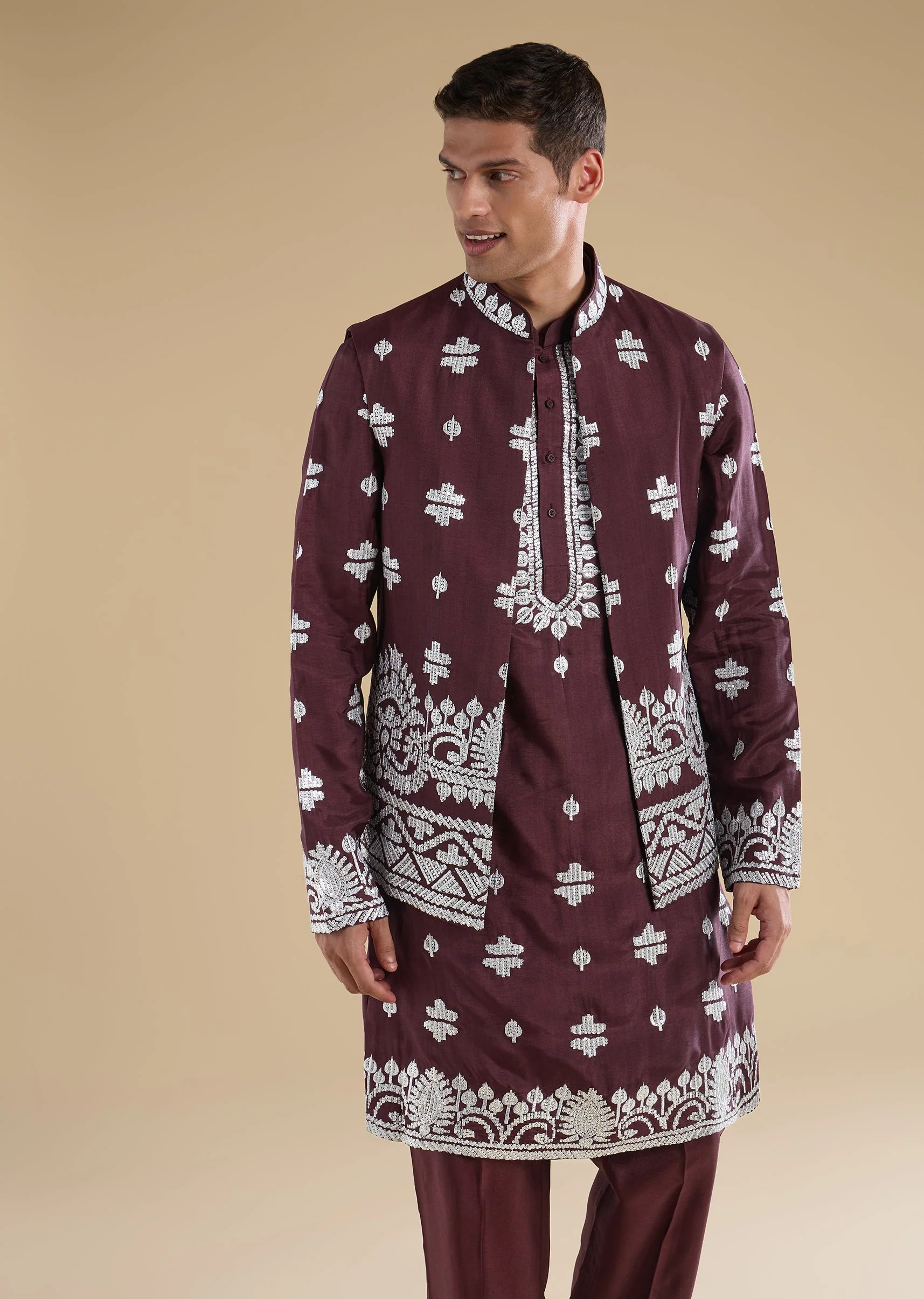 Purple Silk Embroidered Kurta Jacket Set - Image 4