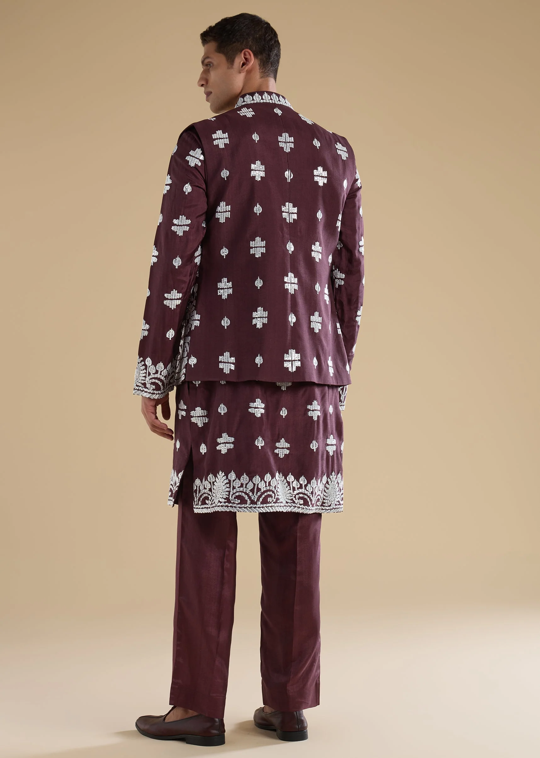 Purple Silk Embroidered Kurta Jacket Set - Image 5
