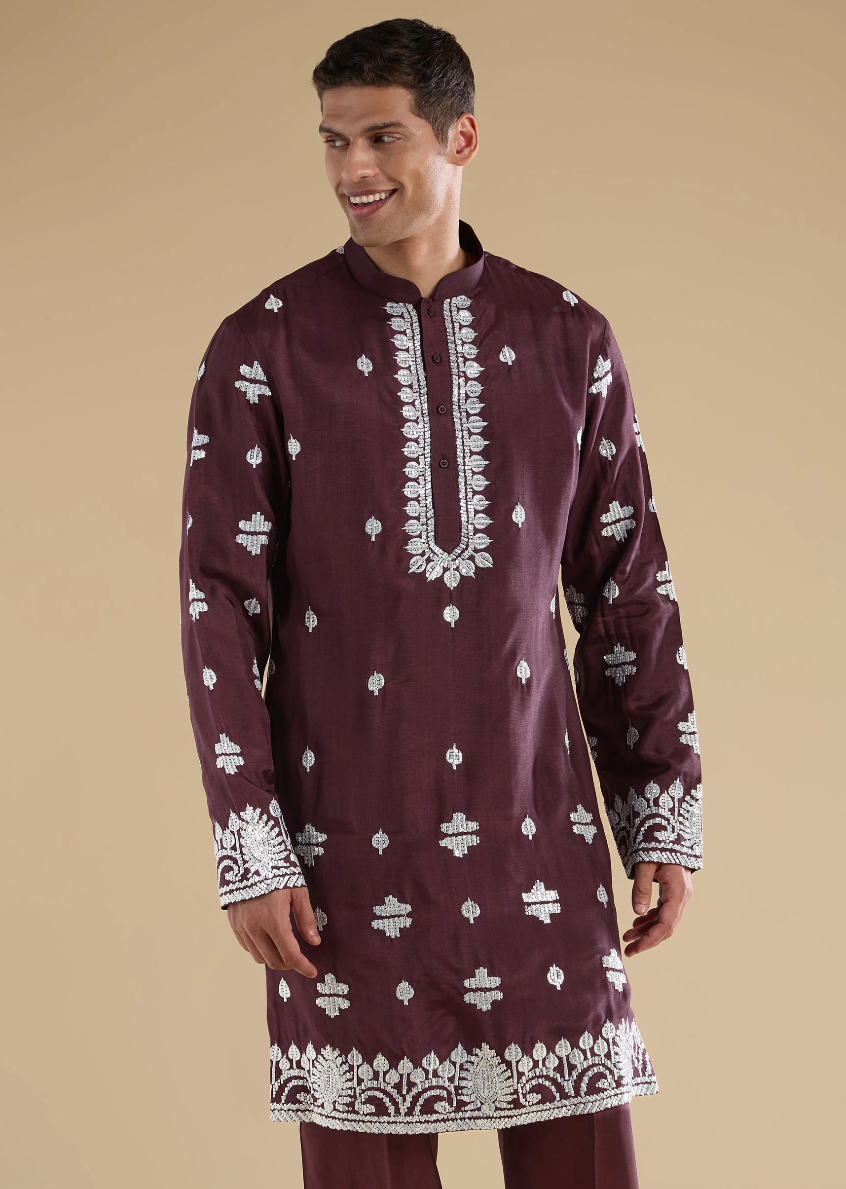 Purple Silk Embroidered Kurta Jacket Set - Image 6