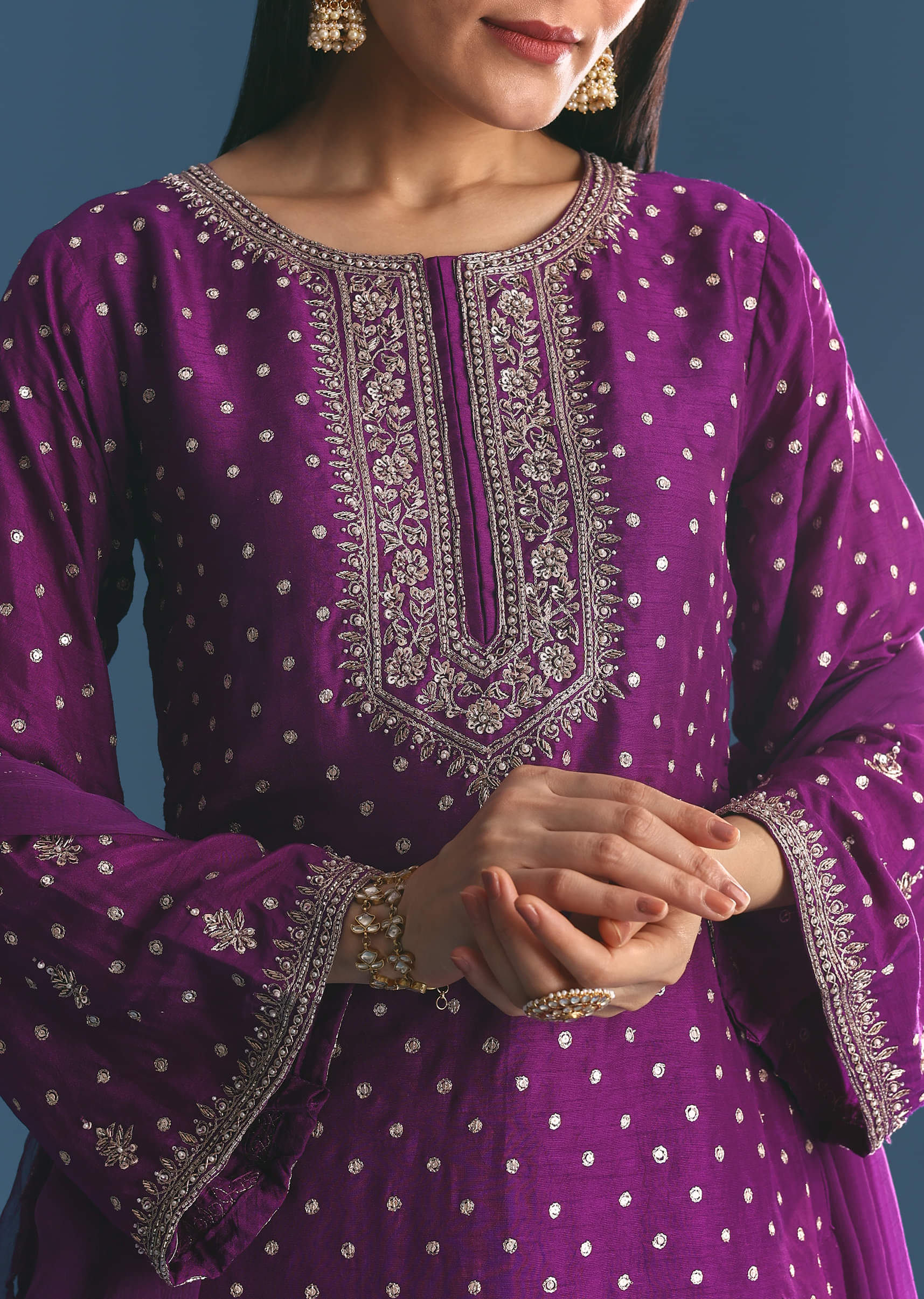 Purple Silk Embroidered Kurta Set With Dupatta - Image 2