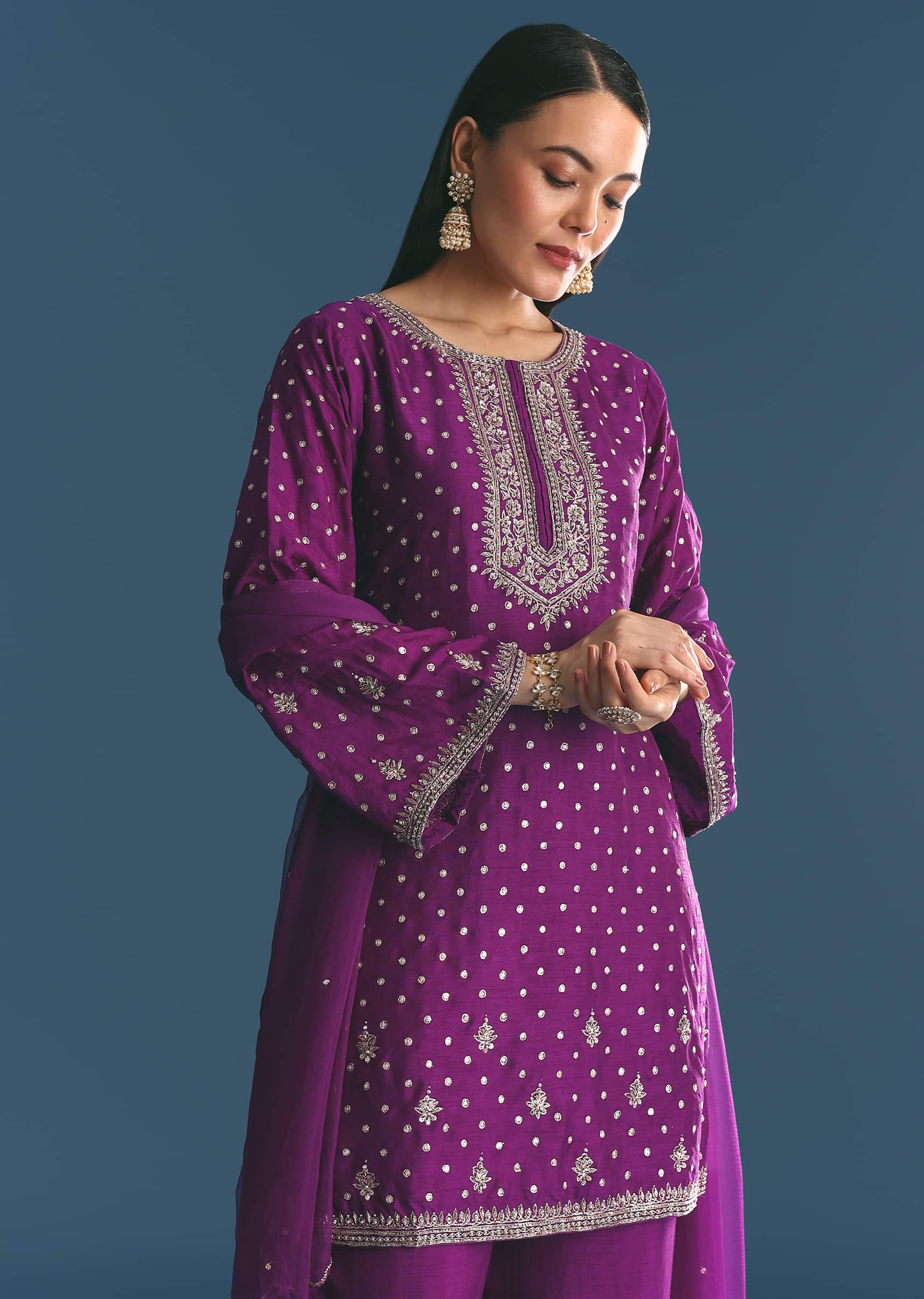 Purple Silk Embroidered Kurta Set With Dupatta - Image 3