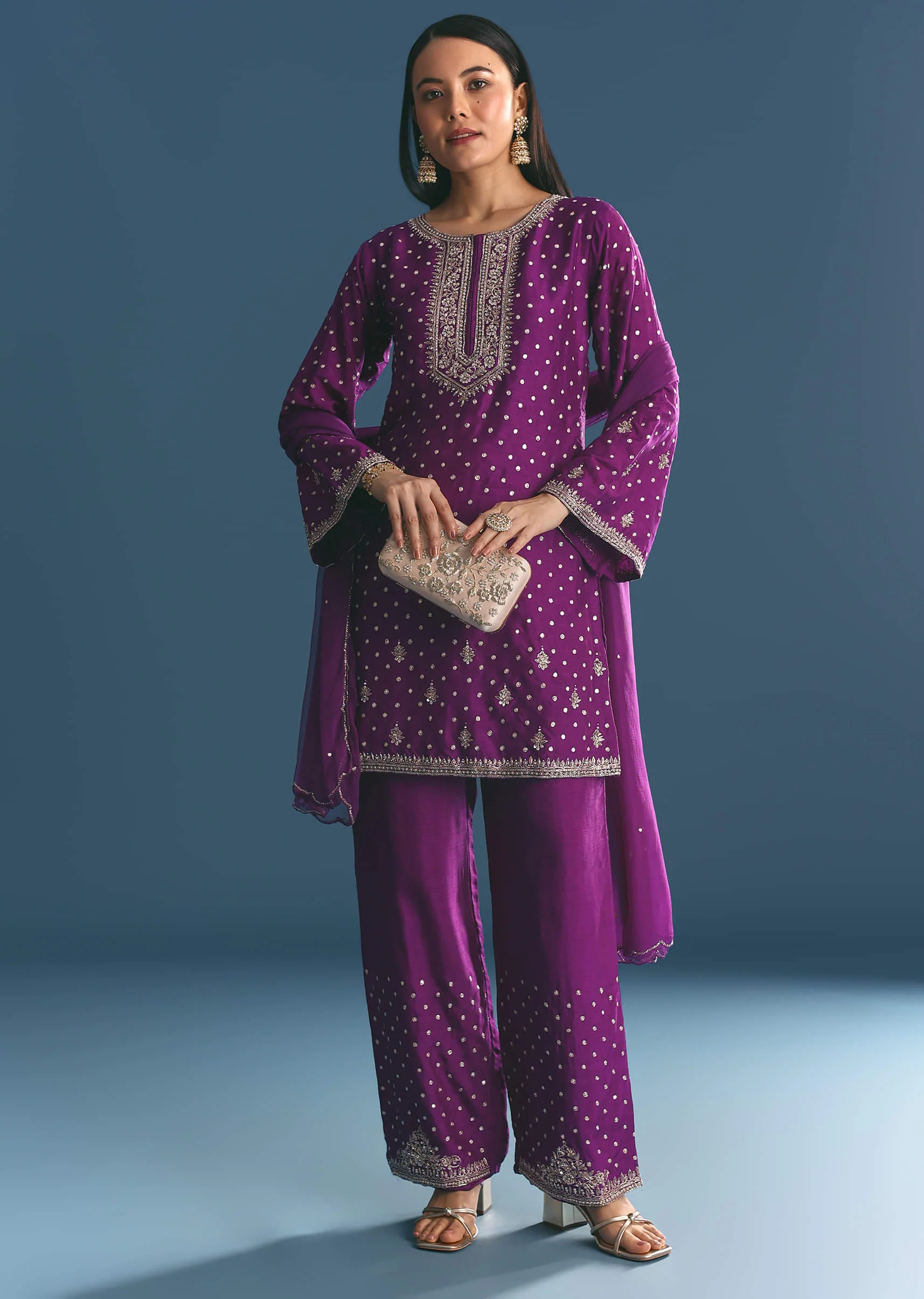 Purple Silk Embroidered Kurta Set With Dupatta - Image 4