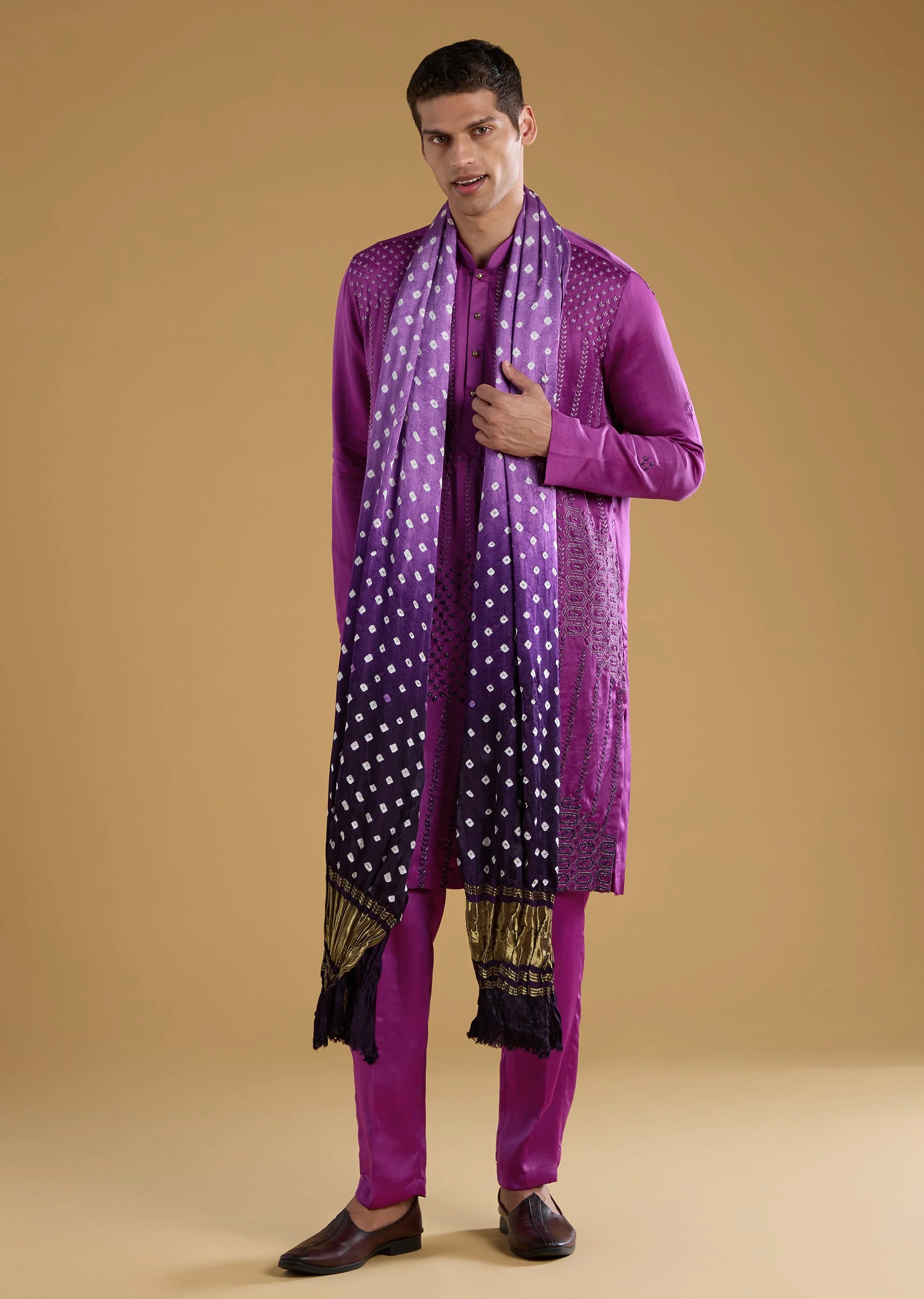 Purple Silk Embroidered Men's Kurta Set with Dupatta