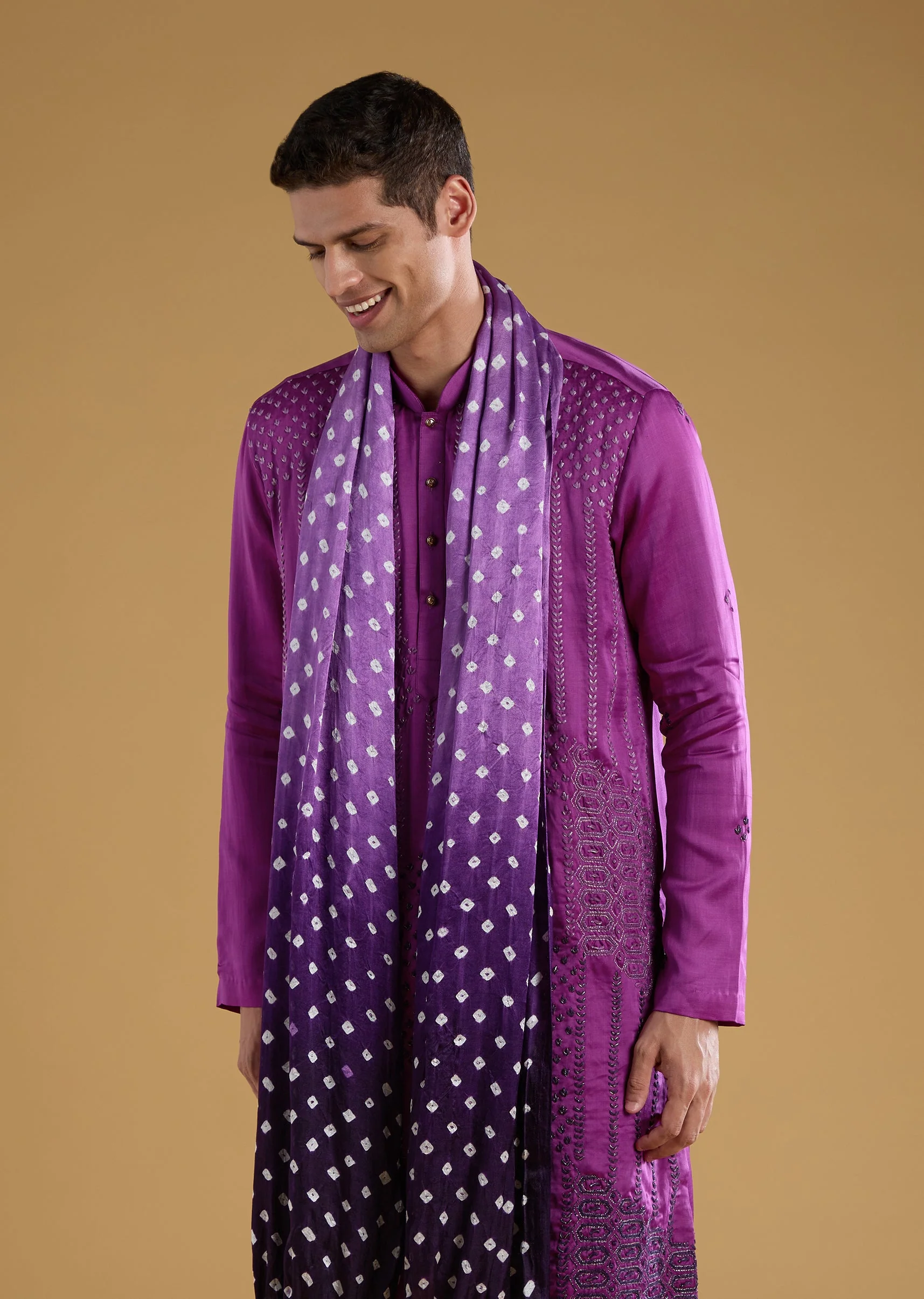 Purple Silk Embroidered Men's Kurta Set with Dupatta - Image 2
