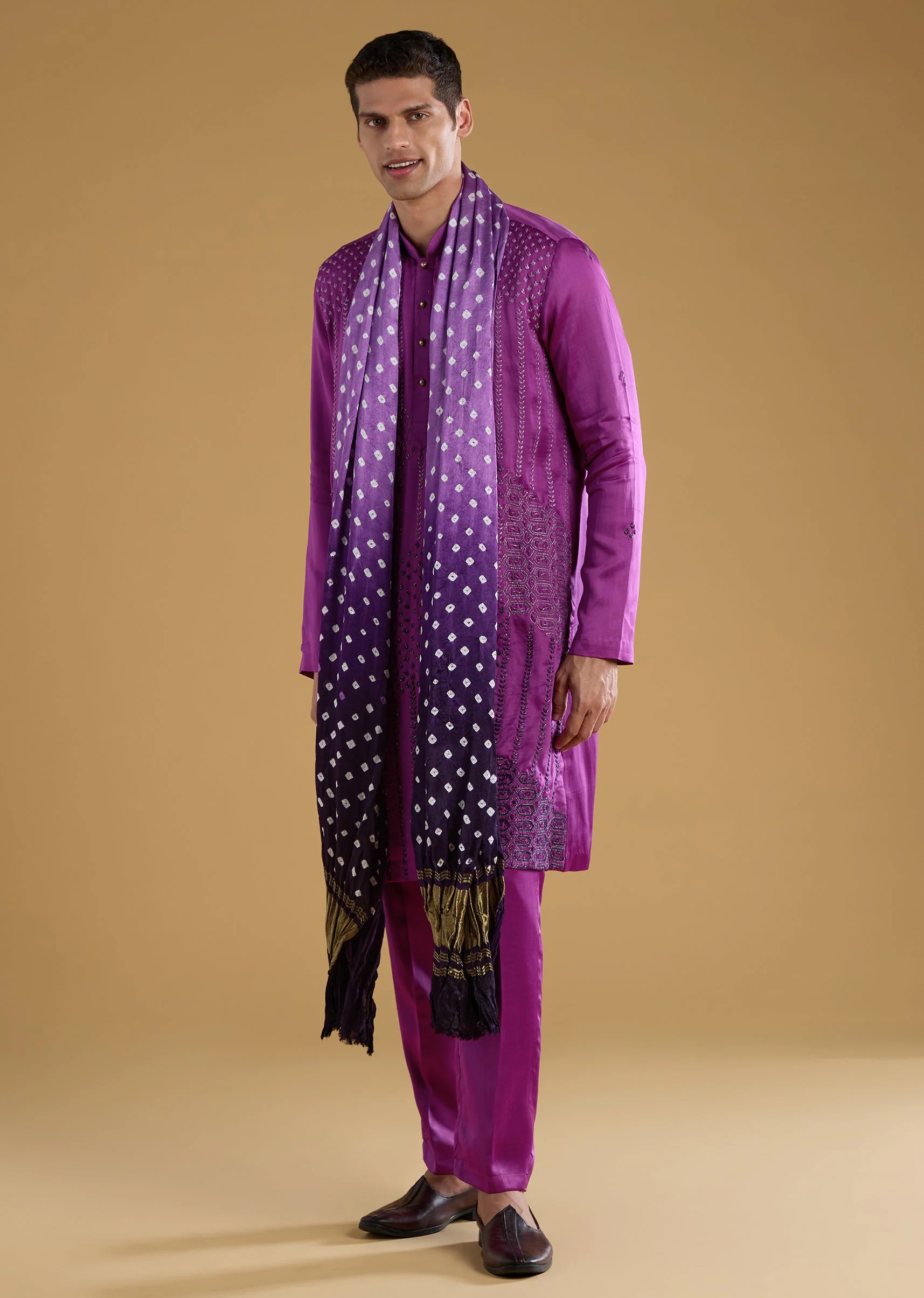 Purple Silk Embroidered Men's Kurta Set with Dupatta - Image 3
