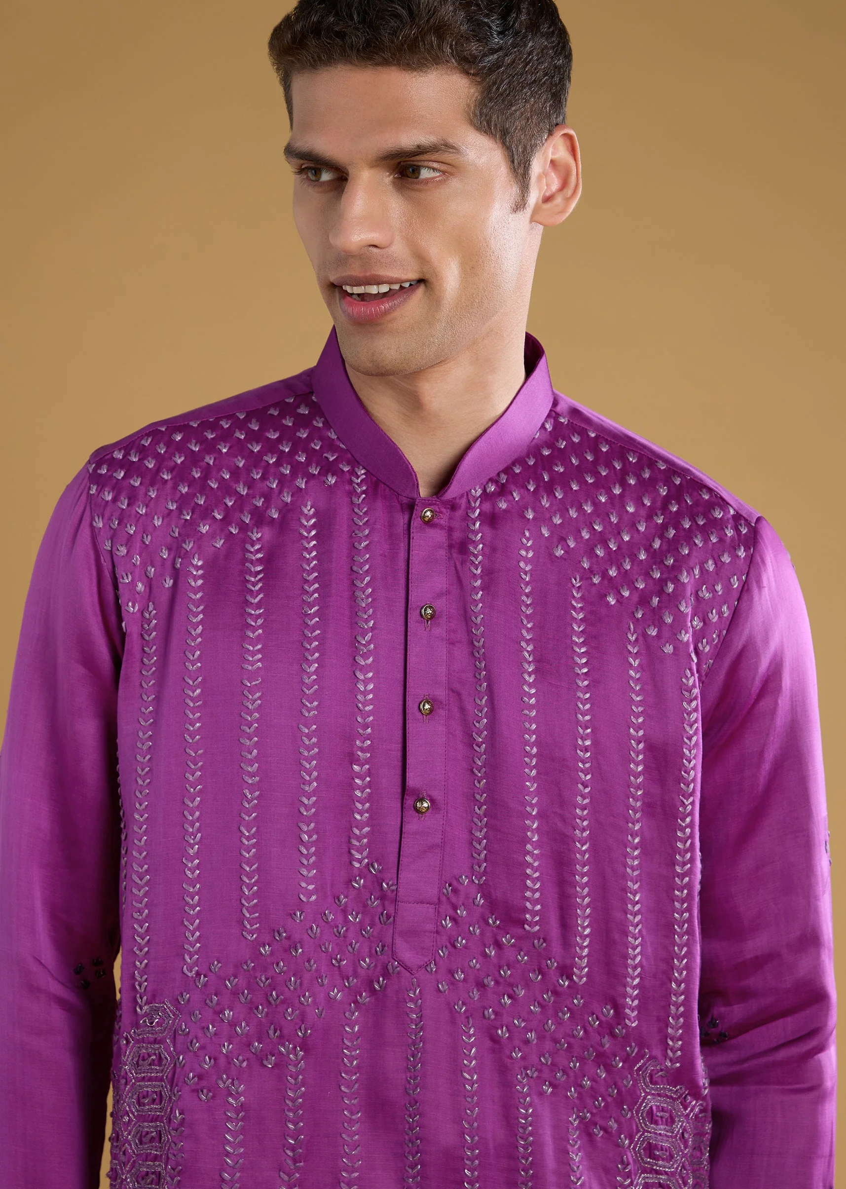 Purple Silk Embroidered Men's Kurta Set with Dupatta - Image 4