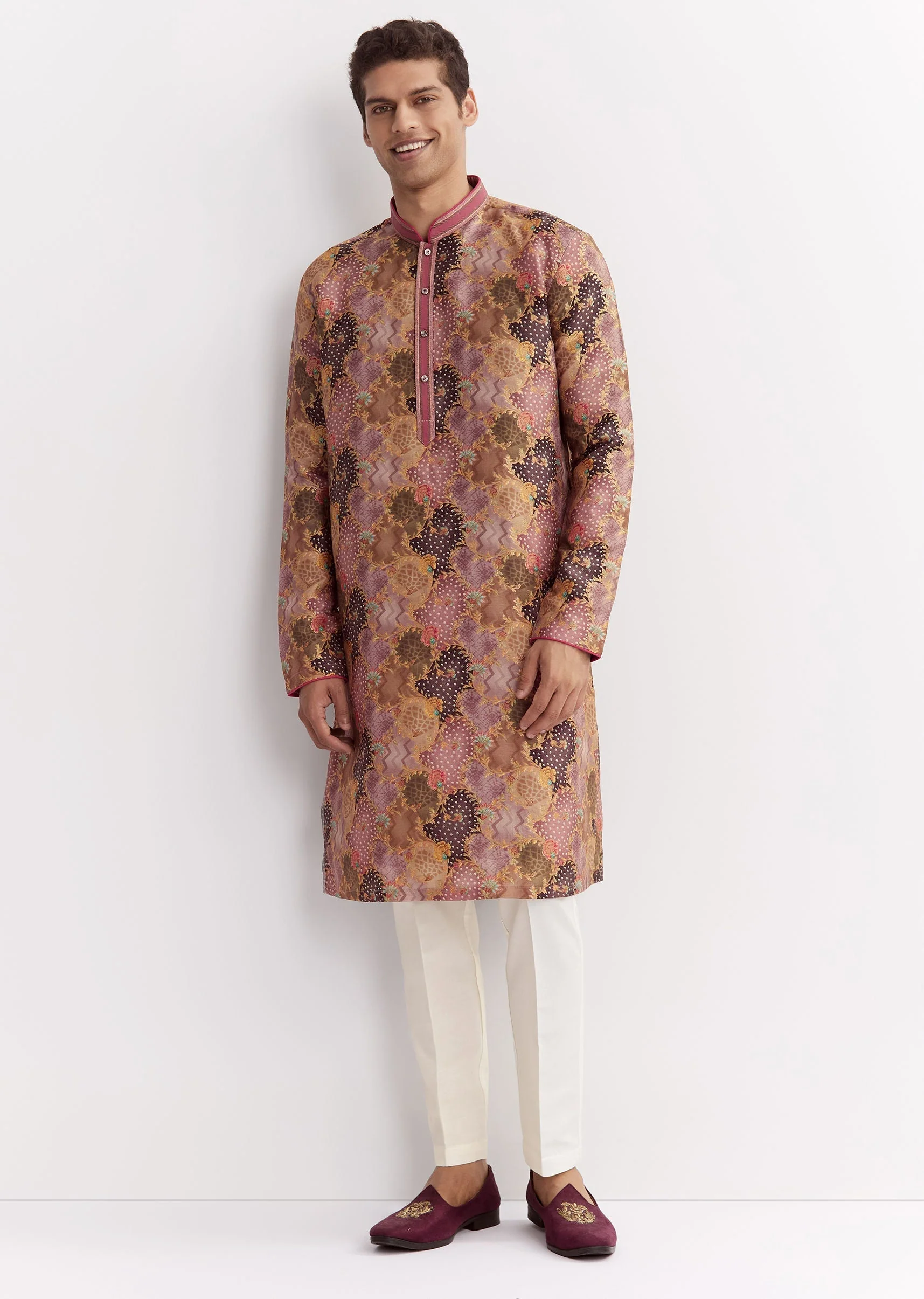 Purple Silk Floral Printed Kurta Set With Mandarin Collar - Image 4