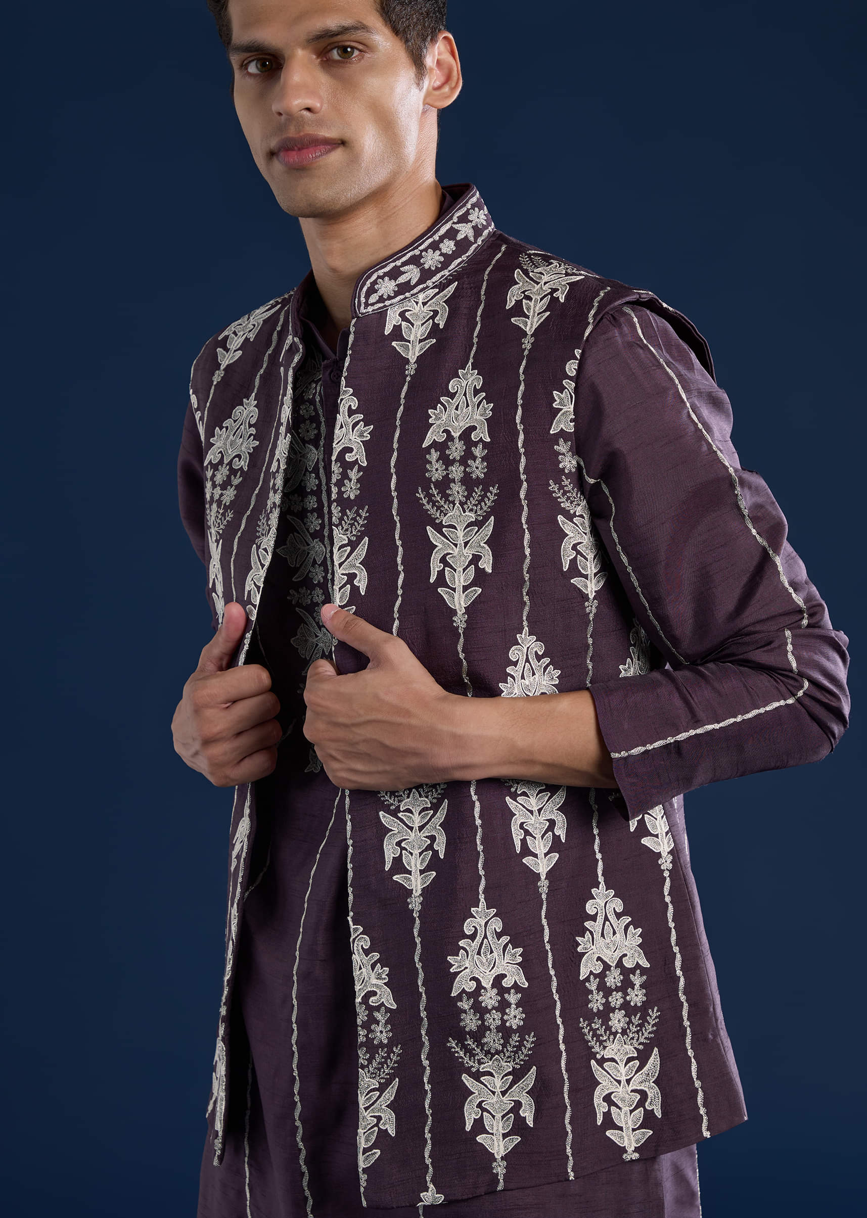 Purple Silk Jacket Kurta Set with Dori Work - Image 2
