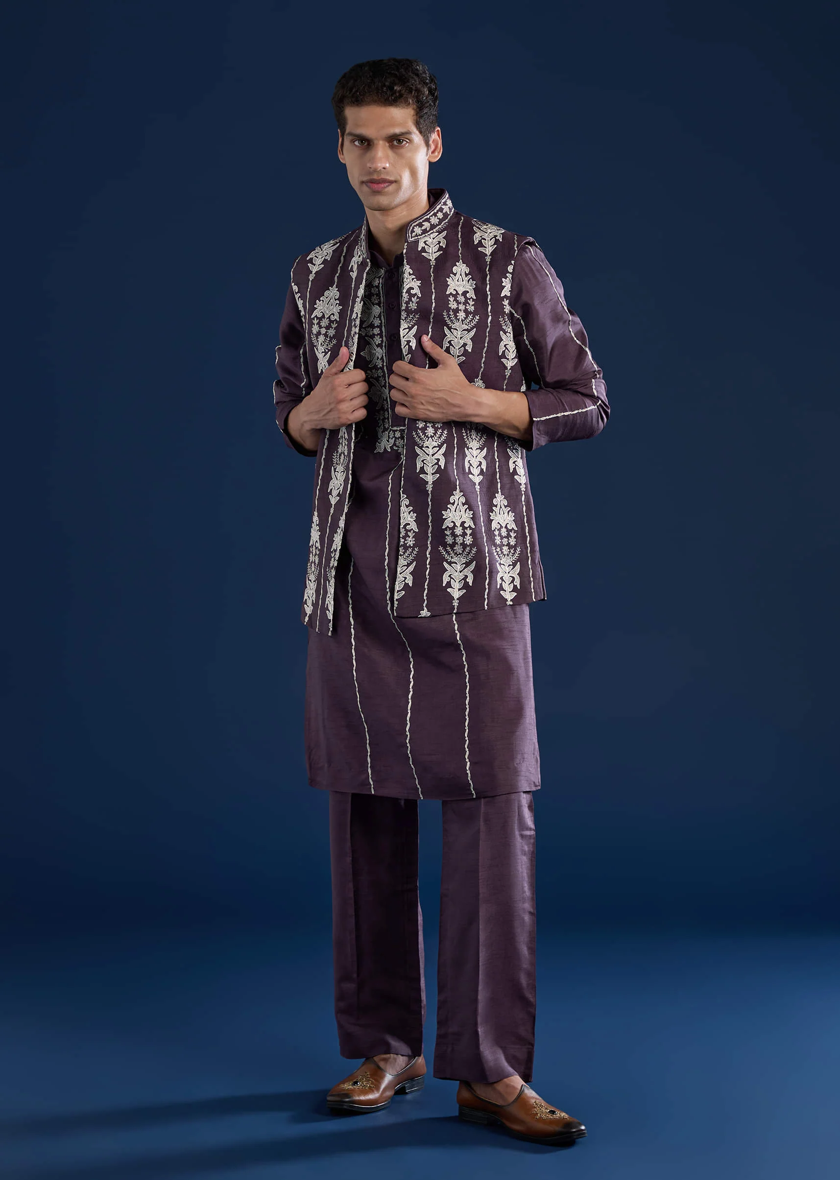 Purple Silk Jacket Kurta Set with Dori Work - Image 3