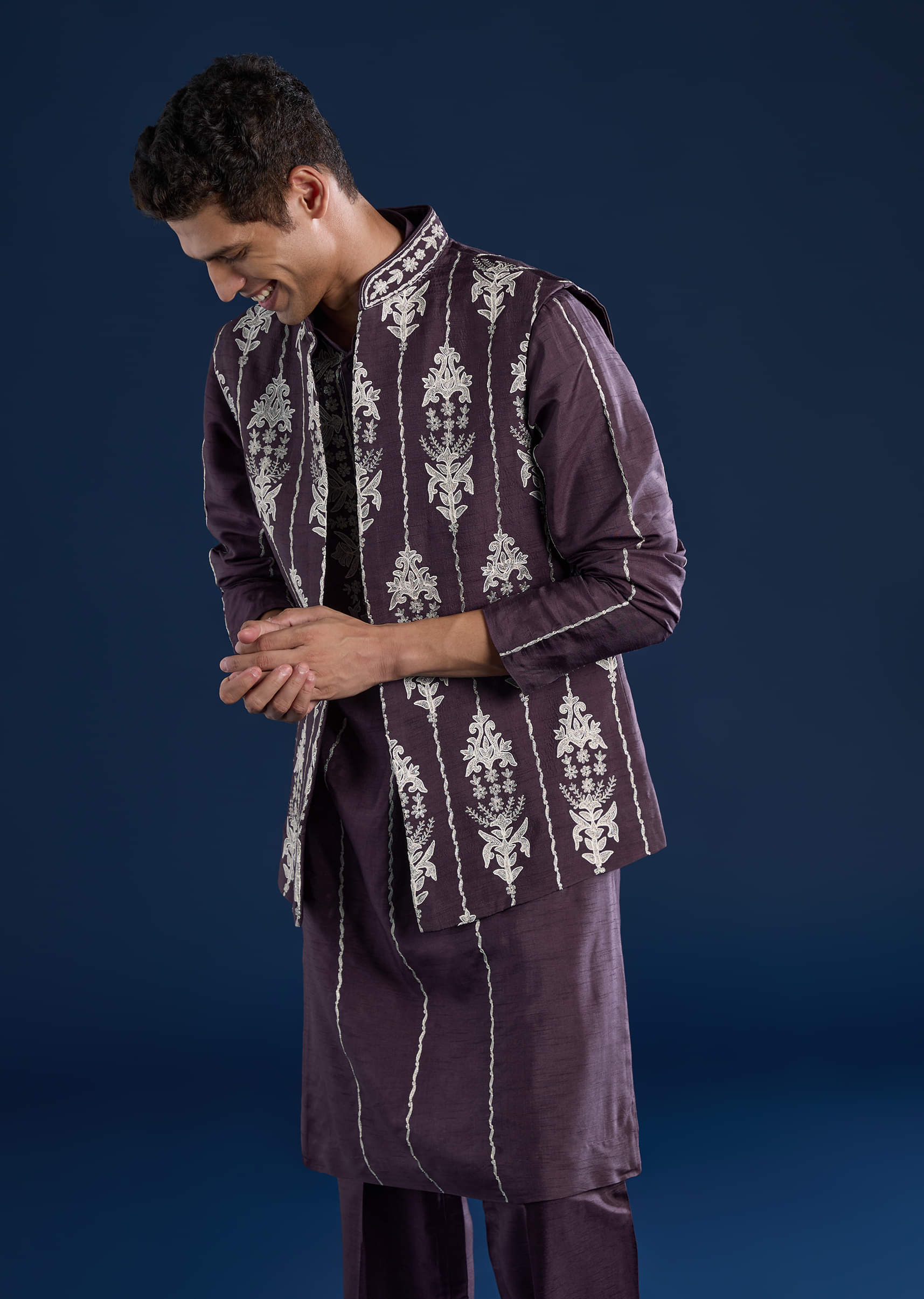 Purple Silk Jacket Kurta Set with Dori Work - Image 4
