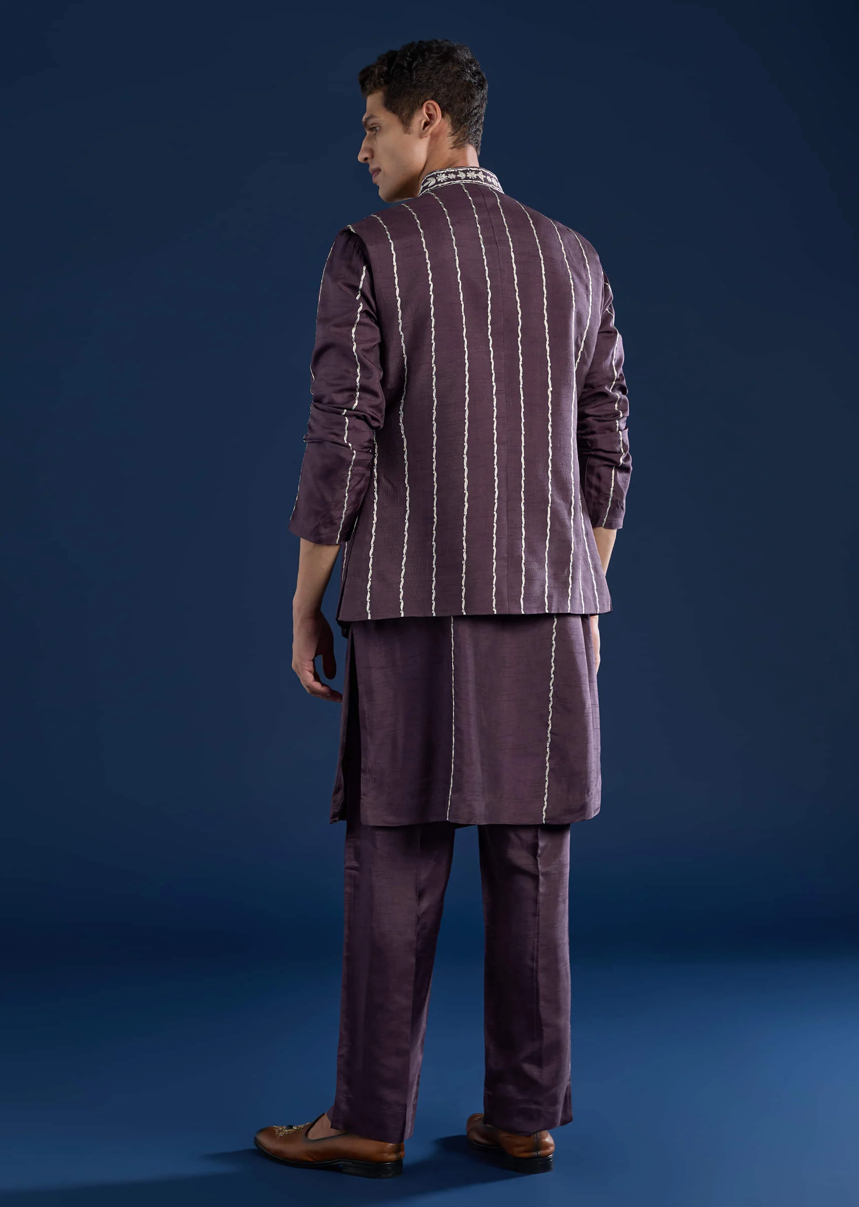Purple Silk Jacket Kurta Set with Dori Work - Image 5