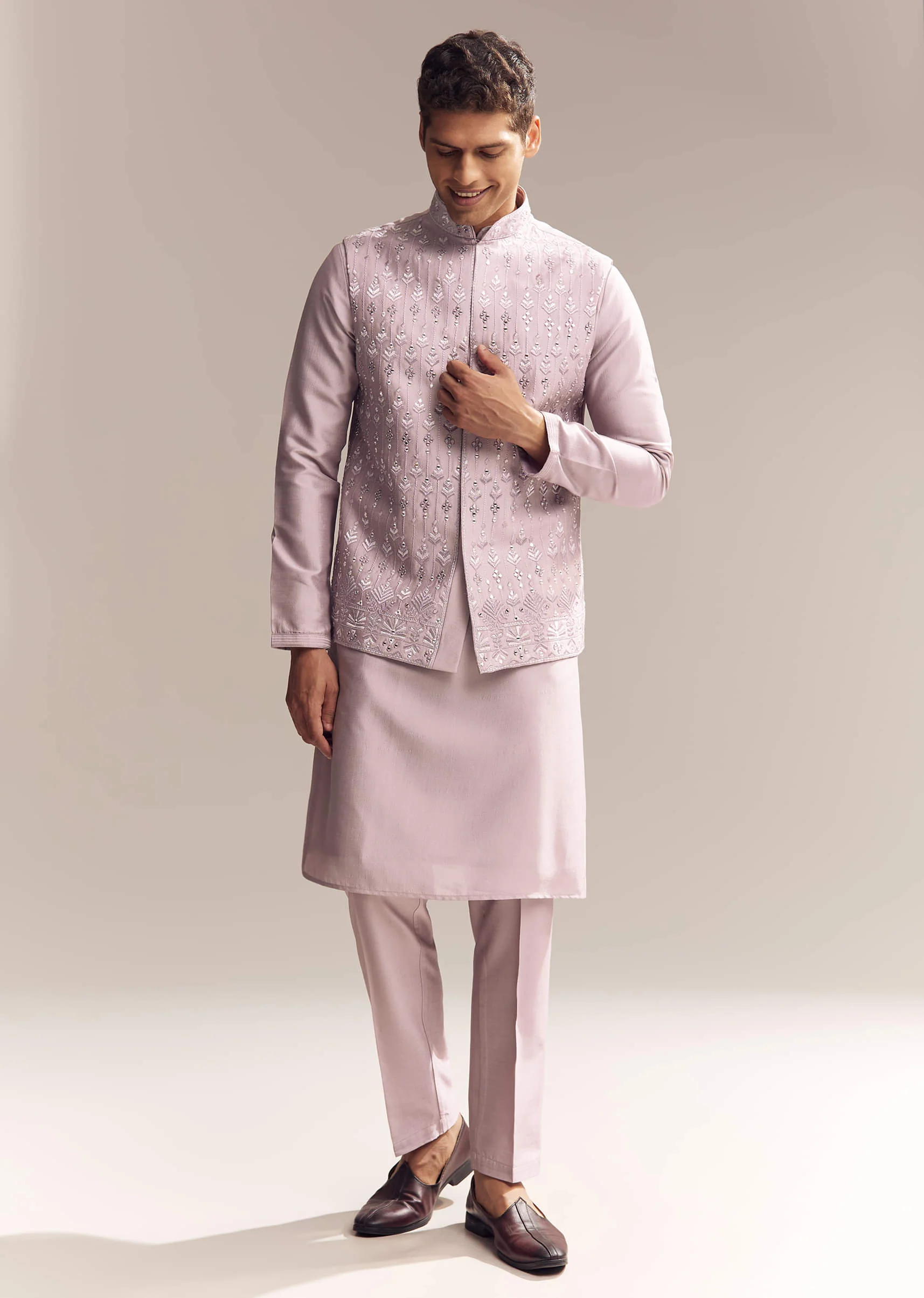 Purple Silk Kurta Jacket Set For Men With Mirror Embroidery - Image 3